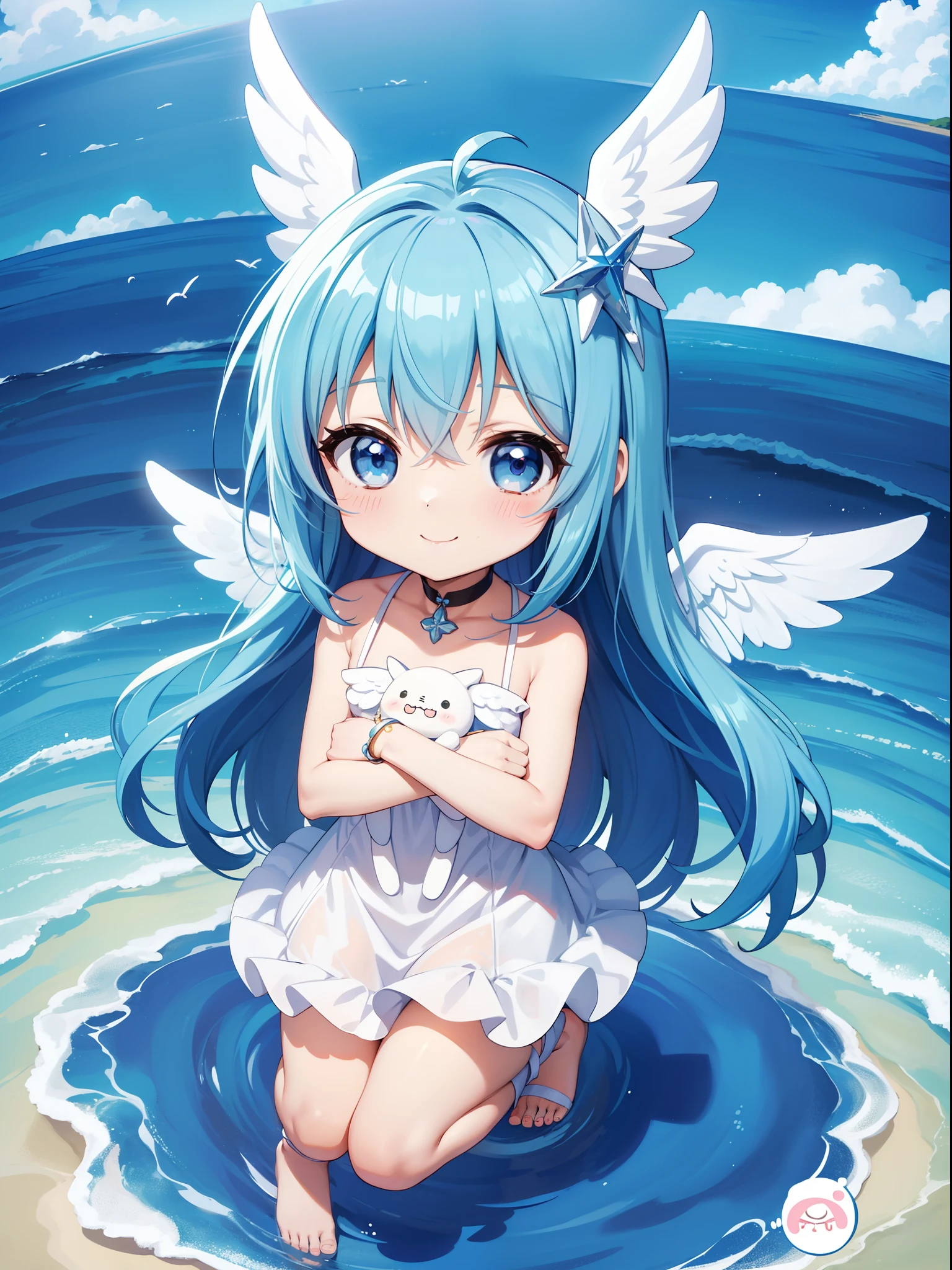 Two Chibi Characters　adorable smiling、With the Wings of an Angel、Visible flying over the sea。long hair with blue hair((Chibi Chara))、Girl in blue and white costume、Chibi Chara、full body Esbian、Pastel colors hair、masutepiece、top-quality、Large in the center