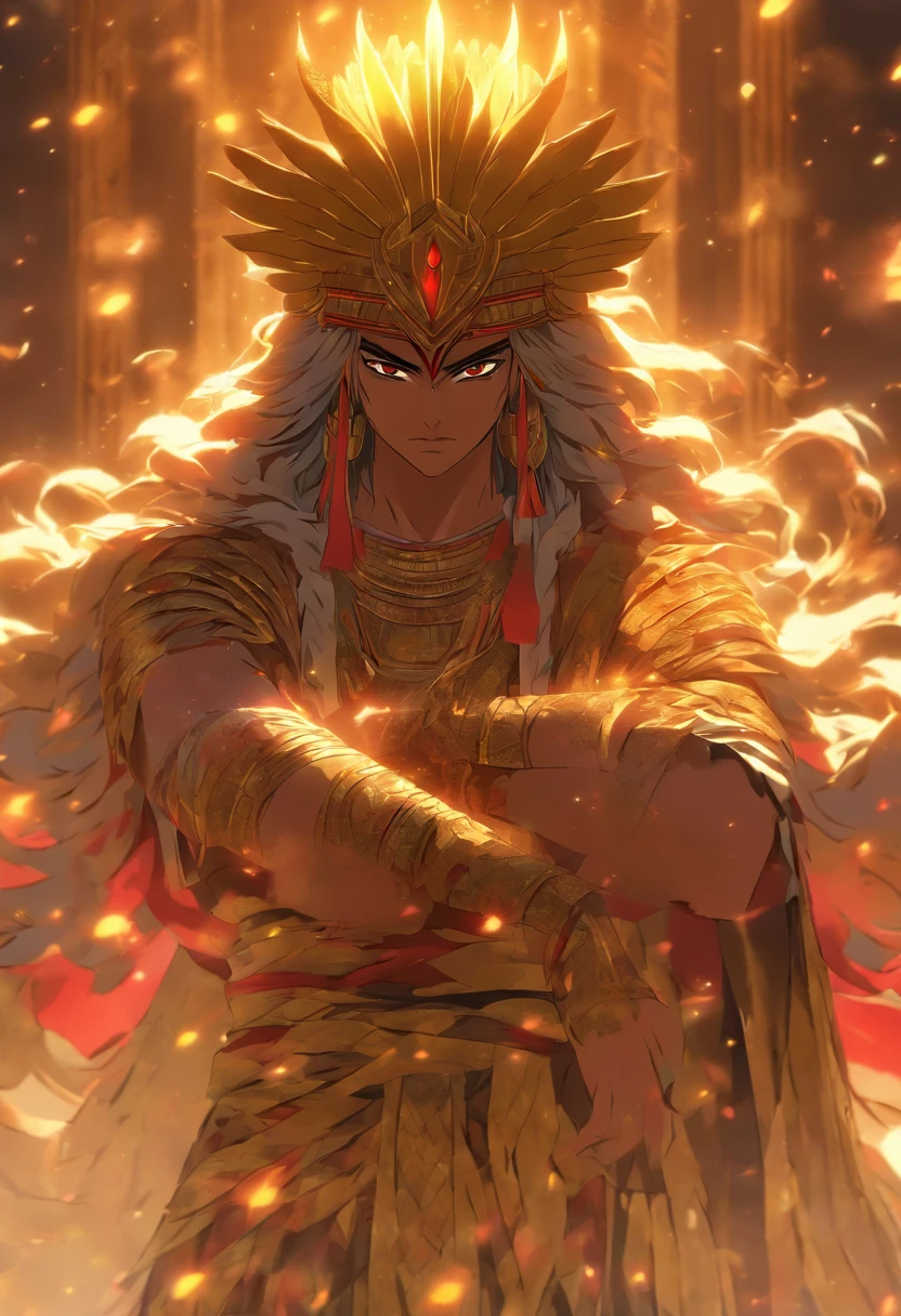 (((UTU))) best quality, ultra-high resolution, 4K detailed CG, masterpiece,The Sun God, Sumerian clothing, Sumerian mythology, ((STANDING POSE)), Sumerian painting, aesthetic, screen-centered