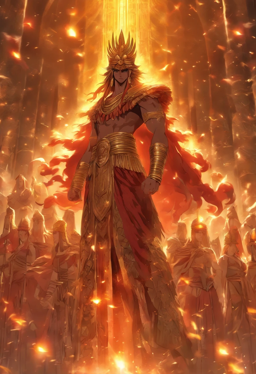 (((UTU))) best quality, ultra-high resolution, 4K detailed CG, masterpiece,The Sun God, Sumerian clothing, Sumerian mythology, ((STANDING POSE)), Sumerian painting, aesthetic, screen-centered
