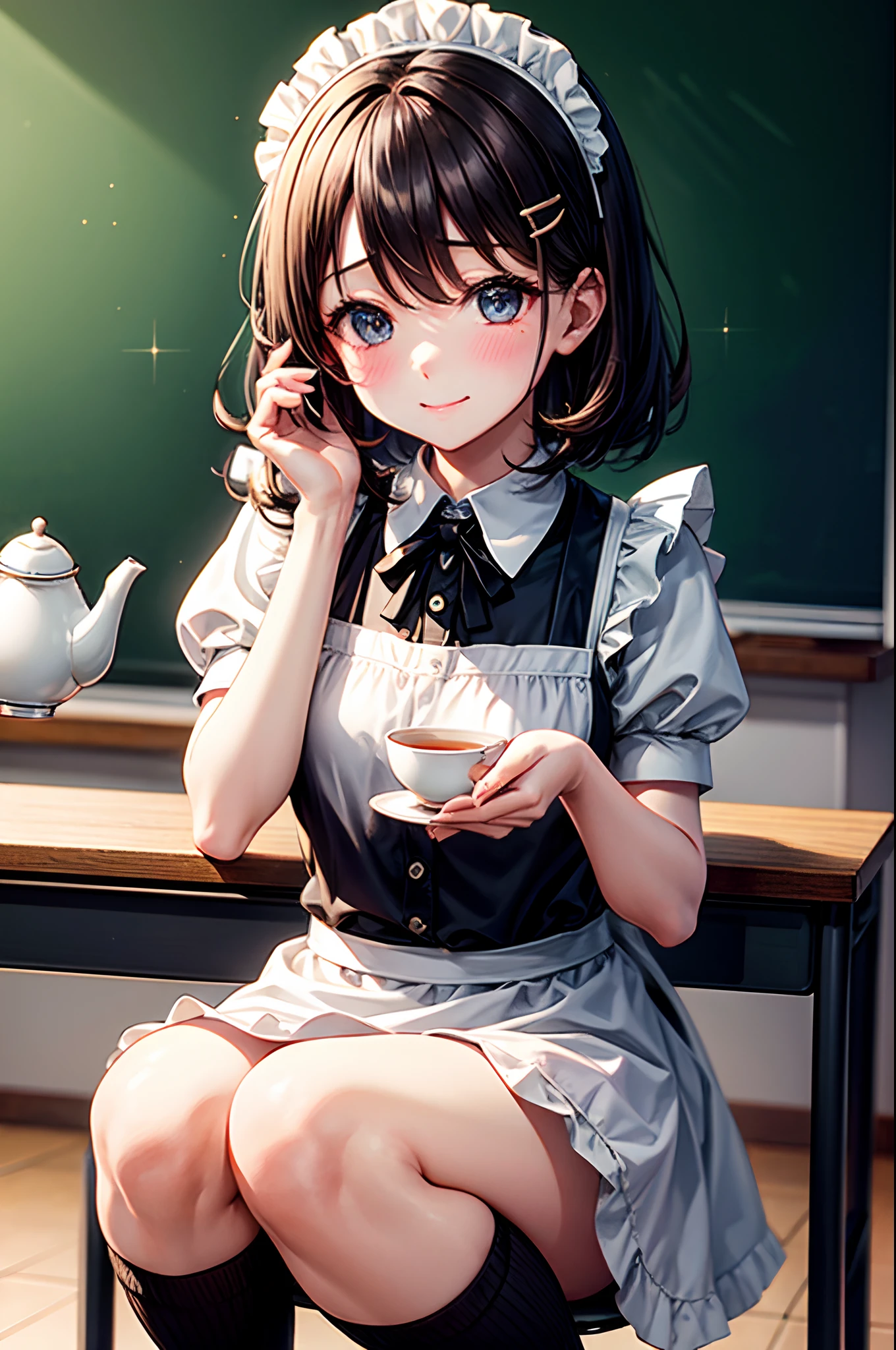 Best Quality、Very cute、Black knee-high socks、Shy face、bobhair、Delicate sparkling eyes、teas hair、Maid Clothes - Classic and Cute Maid Clothes、Black knee-high socks、s girl、Serve tea with both hands、tilt the neck、I want to blush、Staring at this、X-shaped hair ornament on the head、Close one eye、Close your right eye、Draw up to the knee、teapot、Classroom