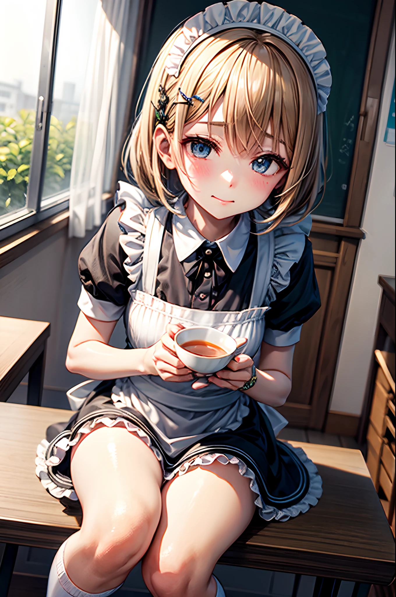 Best Quality、Very cute、Black knee-high socks、Shy face、bobhair、Delicate sparkling eyes、teas hair、Maid Clothes - Classic and Cute Maid Clothes、Black knee-high socks、s girl、Serve tea with both hands、tilt the neck、I want to blush、Staring at this、X-shaped hair ornament on the head、Close one eye、Close your right eye、Draw up to the knee、teapot、Classroom