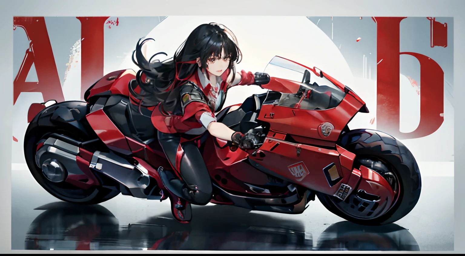 (Best Quality,4K,High resolution), high-level image quality、High quality pixels、Resolution up、Woman in long work clothes with long hair、Motorcycle red highlights keeping black hair in red metallic color、Realistic depiction with delicate details、Facial expression close-up