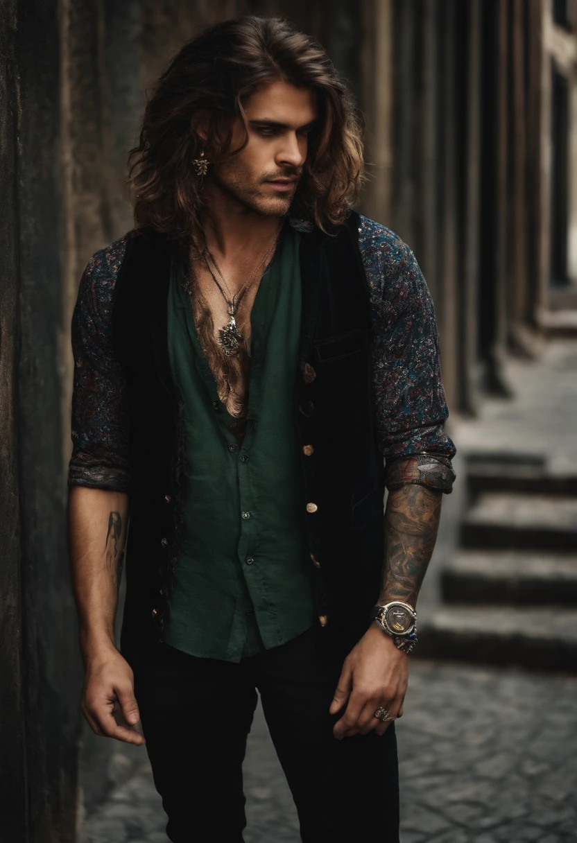 um homem velho com vestimentas grunge cabelos medios e grisalhos
