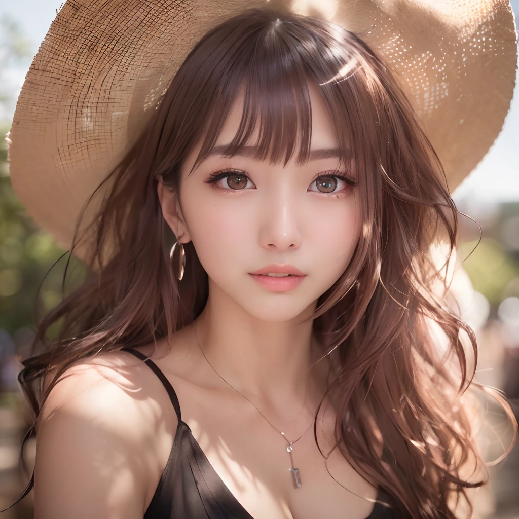 (64k, RAW photo, best quality, masterpiece:1.4), (realistic, photo-realistic:1.3), (20 years old), (1girl:1.5), (medium breasts), show cleavage, Luxurious dresses, (Insanely intricate cute face and eyes), ((face shot:1.2)), especially strong light, (upper eyes), shiny skin, (dark brown hair, semi-long cut:1.2), (flash:1.2), ((seductive posture:1.2, attractive:1.2)), ((good anatomy: 1.2)), perfect face:1.2, portrait, cowboy-shot, close up:1.3, (charming smile), makeup, lipgloss, blush cheeks, Detailed teeth, Detailed mouth, a necklace, piercings, Bracelet, break, (in the park)