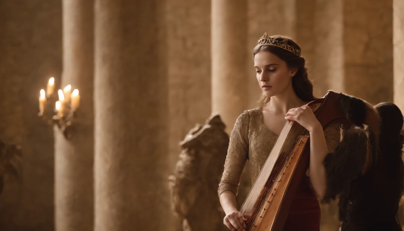 "Within the opulent halls of King Saul's court, the young David plays the harp with ethereal skill, soothing the tormented soul of the enigmatic monarch. The candlelit room shimmers with intrigue as the courtiers watch this unassuming shepherd captivate the heart of the kingdom."
