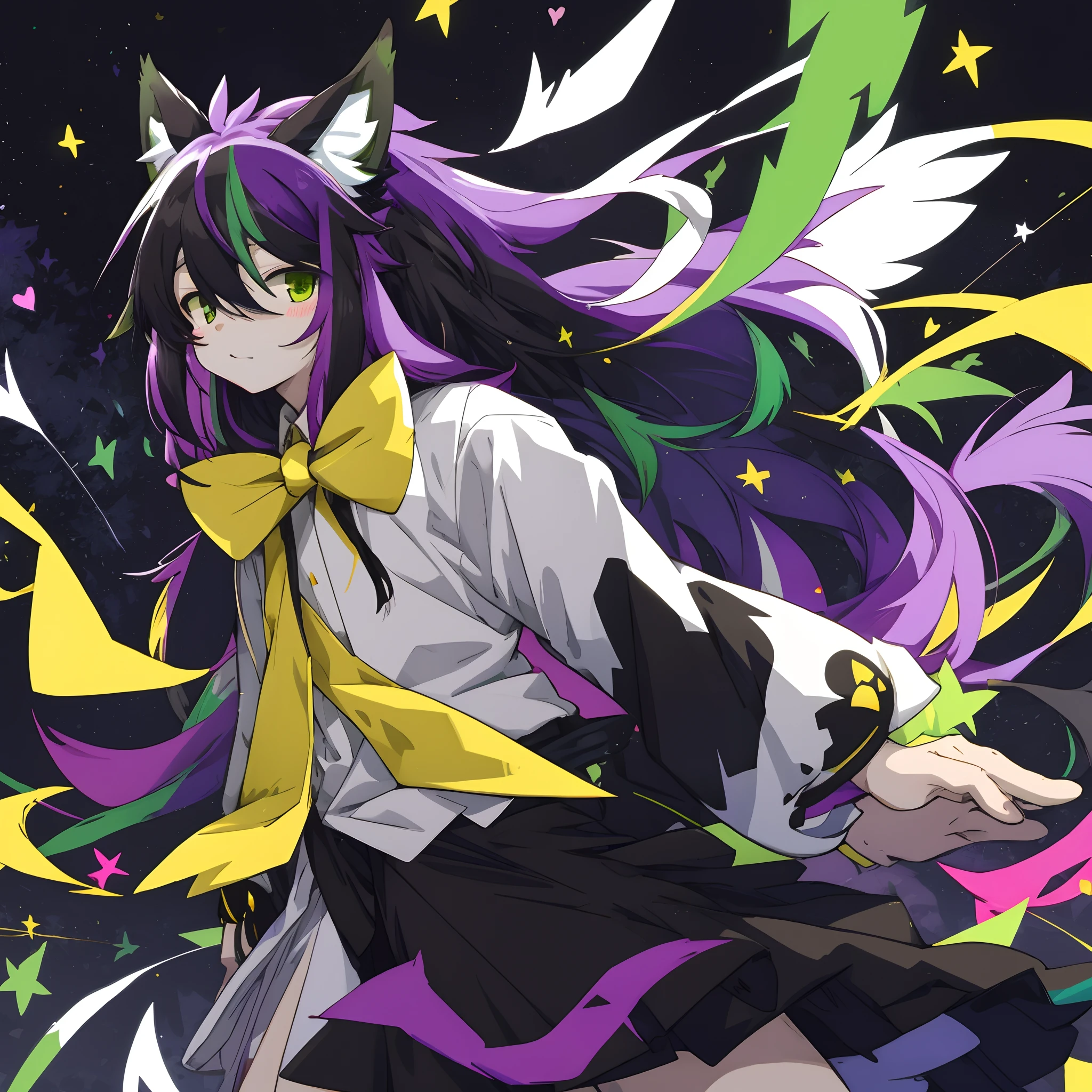 An anime style illustration, long hair with purple and green highlights, kemono, black and white outfit with a yellow bowtie, and a colorful background with stars and hearts,