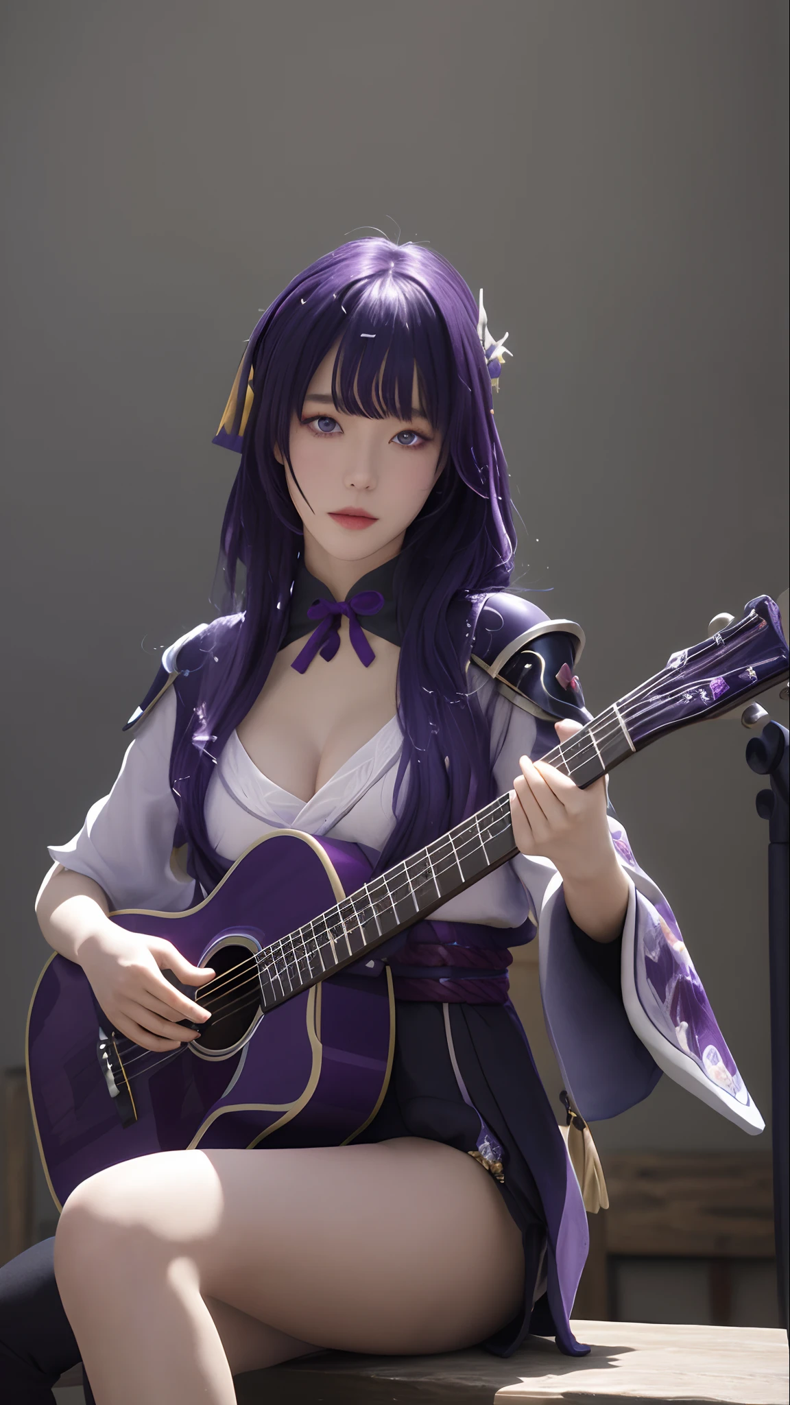 Best quality,Masterpiece,8K wallpaper,absurderes, A high resolution, Ultra detailed, (1 young and beautiful girl, Solo:1.1),Solo, Raiden Shogun, Japanese clothes,  Long hair, upper legs, bangs, hair adornments, Breasts, Purple hair,Shoulder armor, obijime, Armor, purple flower, ribbon,Moles under eyes, flower,Island of dreams: A place to fulfill your deepest desires,Anime texture，be on stage，plays the guitar