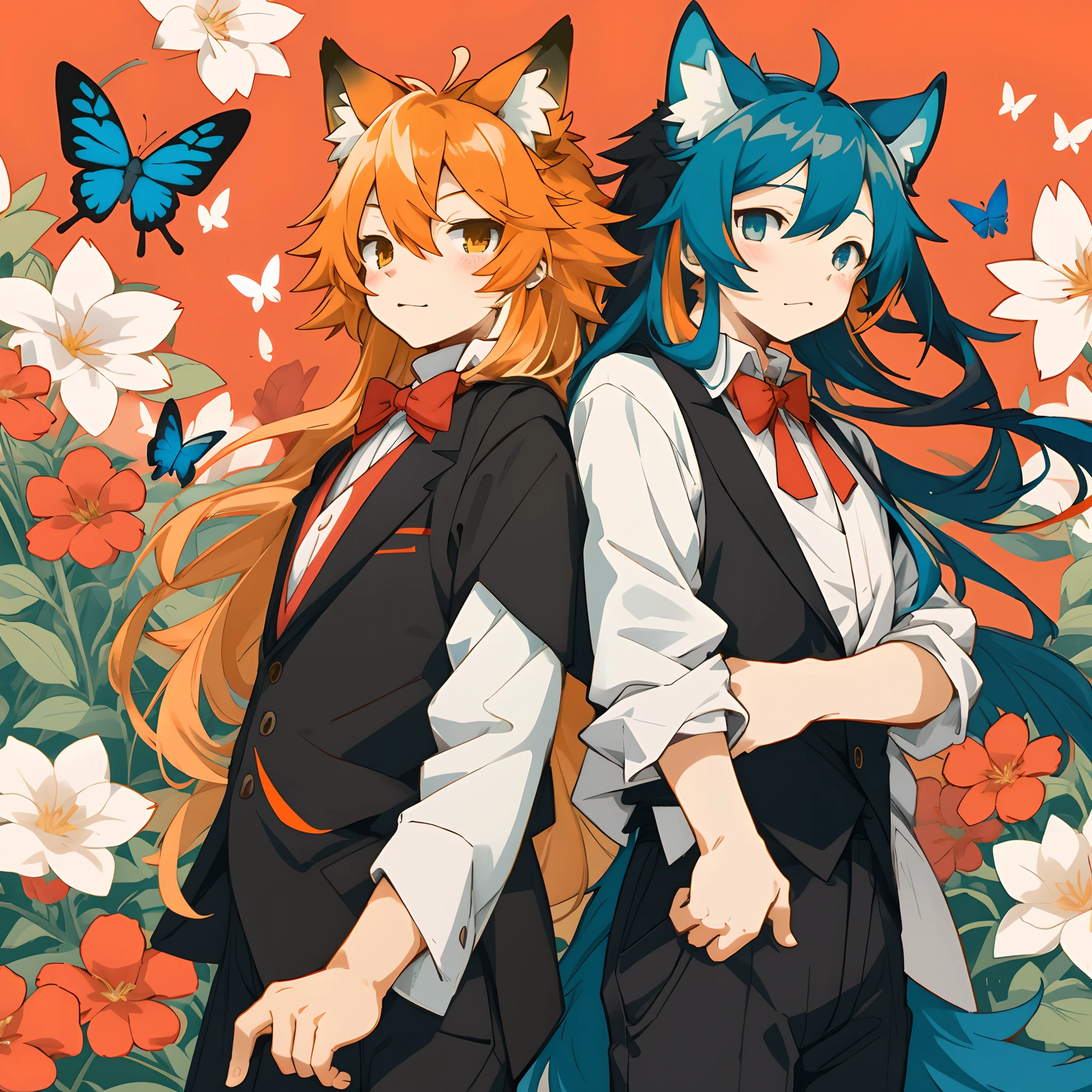 An anime style illustration, long hair with orange and blue highlights, kemono, black and white outfit with a red bowtie, and a colorful background with flowers and butterflies,