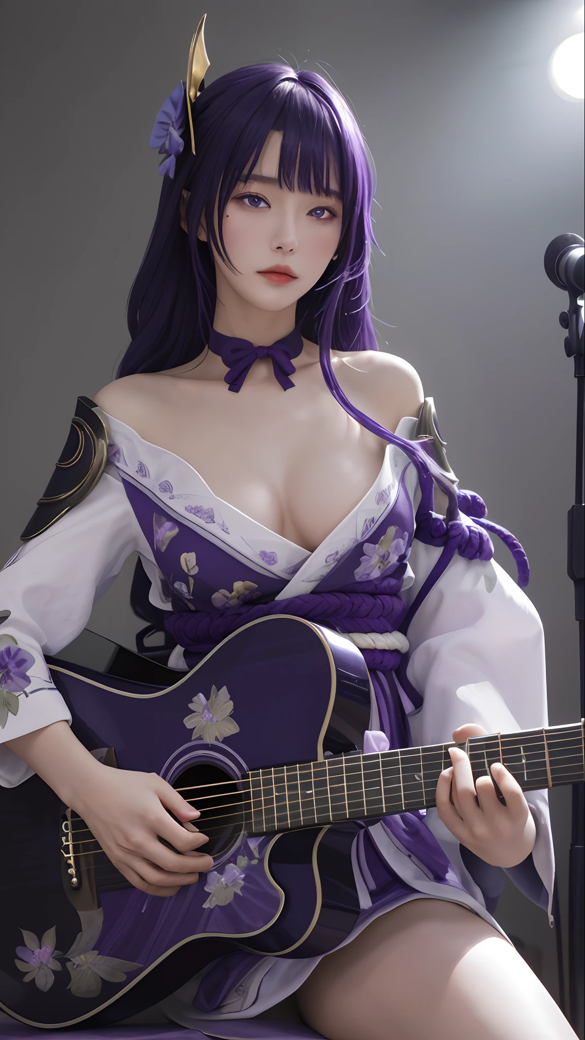 Best quality,Masterpiece,8K wallpaper,absurderes, A high resolution, Ultra detailed, (1 young and beautiful girl, Solo:1.1),Solo, Raiden Shogun, Japanese clothes,  Long hair, upper legs, bangs, hair adornments, Breasts, Purple hair,Shoulder armor, obijime, Armor, purple flower, ribbon,Moles under eyes, flower,Island of dreams: A place to fulfill your deepest desires,Anime texture，be on stage，plays the guitar