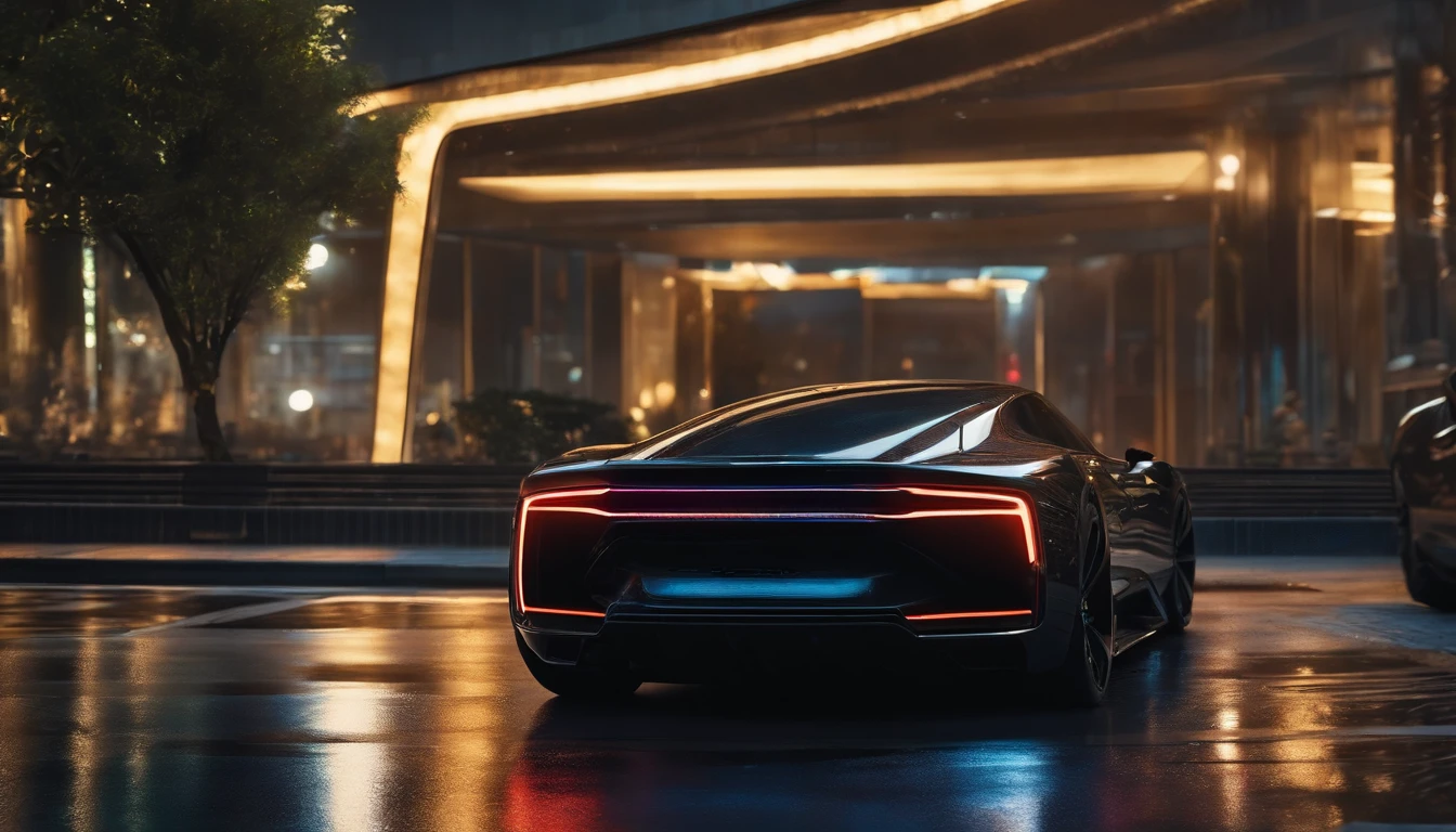 Ominous futuristic car, ((logo is letter V)) Wet reflective pavement, iridescent paint, highly detailed rims, glowing rims, View from the front, Futuristic city background, prime time, [Cyberpunk Night City:1.3], 8K DSLR, Sharp, tack sharp, Intricate details, Masterpiece, Golden ratio, Highest quality, hdr, Photorealistic, insane quality, Best quality, Extremely detailed, Highest detail, Highly detailed, Incredibly detailed, Detailed, Realistic, 8K  UHD, High quality