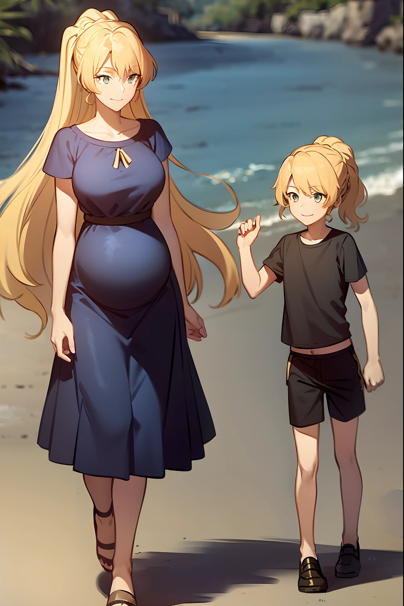 masterpiece, best quality, 1girl, alicetaria,blonde hair, long hair, ponytail, blue eyes, blue shirt, pleated skirt, solo, simple background, bikini, beach, , alicetaria and son, motherly, walking, family, mother and child,boy, smile ,Pregnant, tall woman