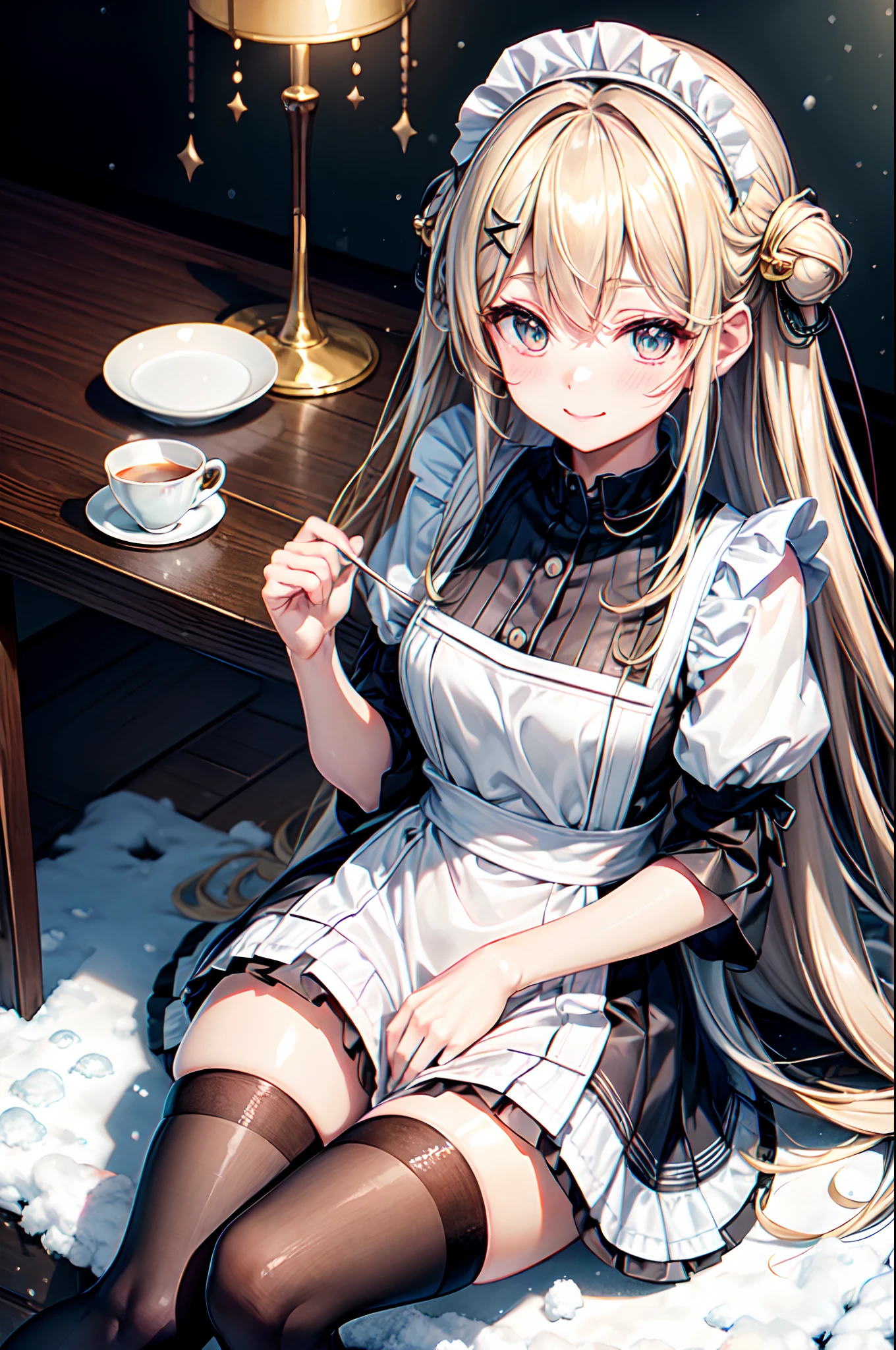 Best Quality、Very cute、Black knee-high socks up to the thighs、Kamimei、a smile、bobhair、Delicate sparkling eyes、Golden hair、maid clothes 、Black knee-high socks、teens girl、Serve tea with both hands、tilt the neck、I want to blush、Staring at this、X-shaped hair ornament on the head、Close one eye、Close your right eye、Draw up to the knee、Snow outside