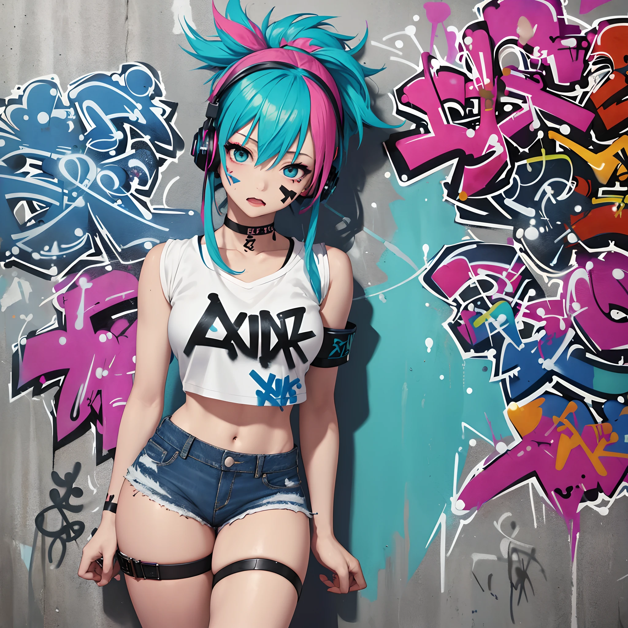 masterpiece, best quality, (extremely detailed CG unity 8k wallpaper, masterpiece, best quality, ultra-detailed, masterpiece, best quality, 1girl, solo, crop top, denim shorts, choker, (graffiti:1.5), paint splatter, arms behind back, against wall, looking at viewer, armband, thigh strap, paint on body, head tilt, bored, multicolored hair, aqua eyes, headset, Himiko Toga , clear eyes,