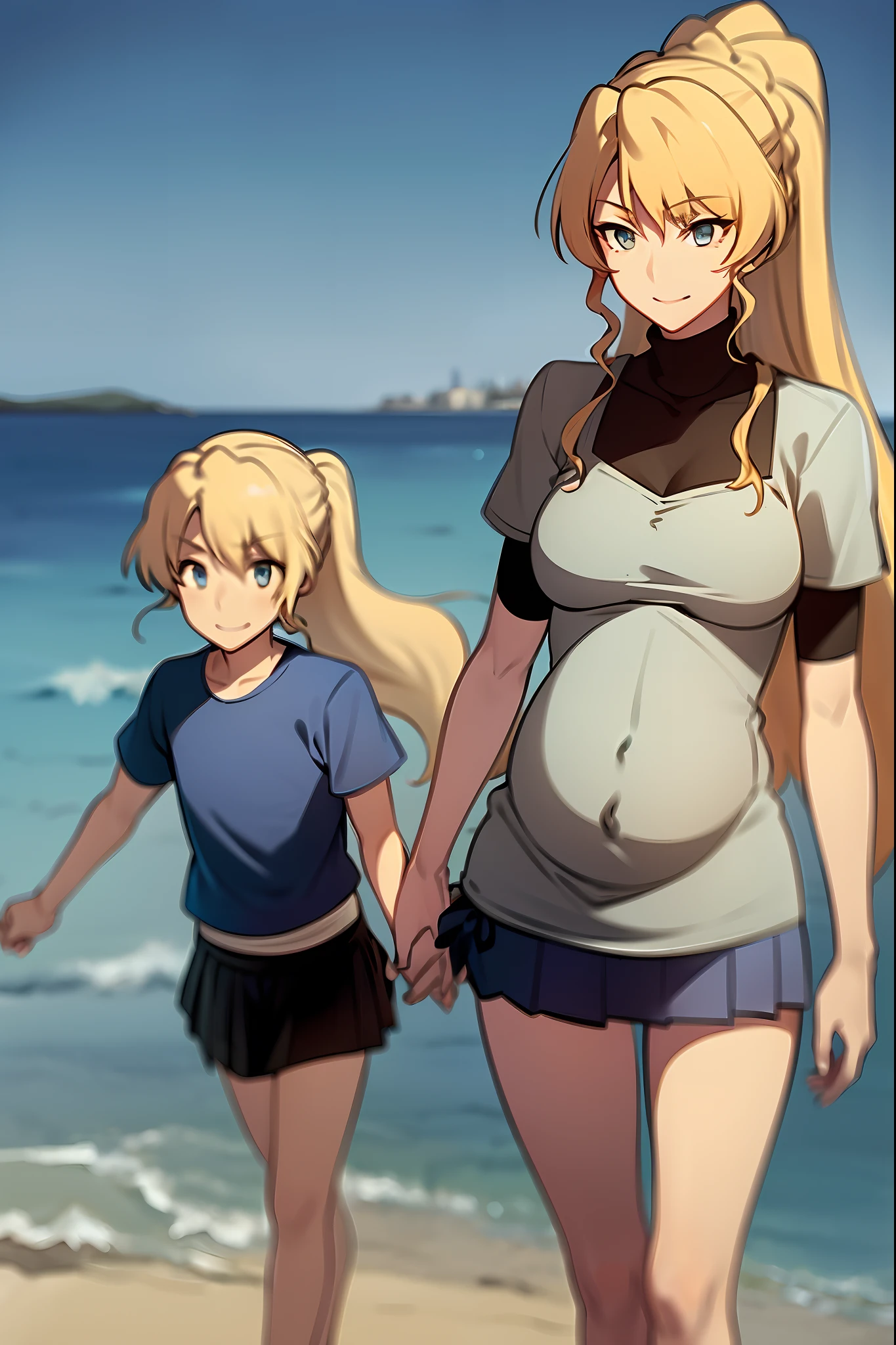 masterpiece, best quality, 1girl, alicetaria,blonde hair, long hair, ponytail, blue eyes, blue shirt, pleated skirt, solo, simple background, bikini, beach, , alicetaria and son, motherly, walking, family, mother and child,boy, smile ,Pregnant, tall woman