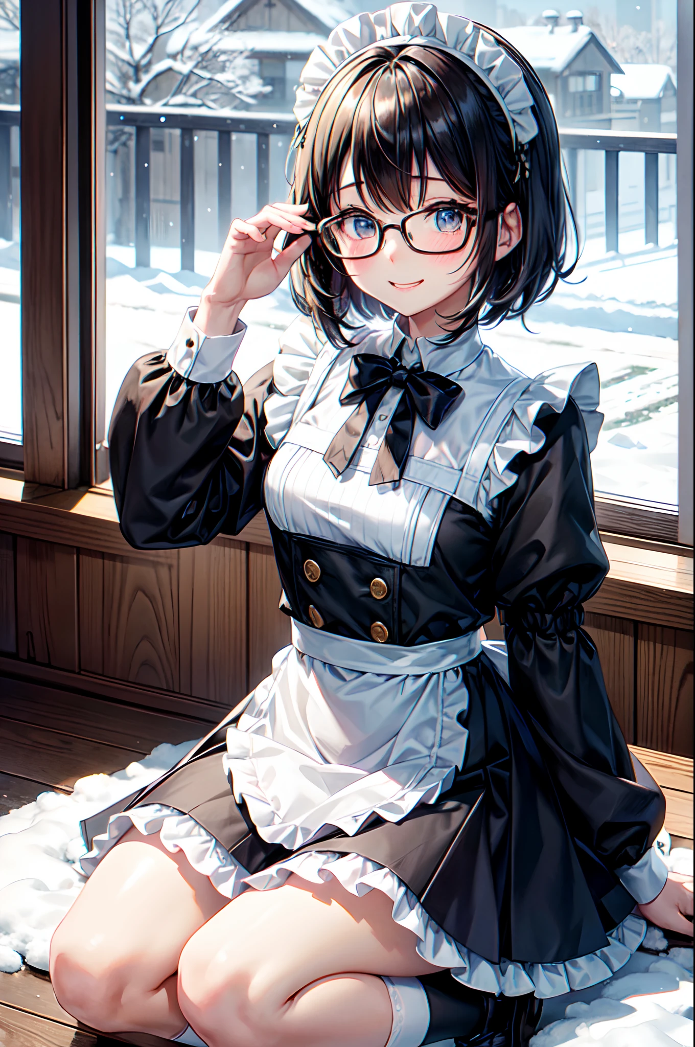 Best Quality、Very cute、Wear glasses、Black knee-high socks up to the thighs、Kamimei、A smile、short-hair、Delicate sparkling eyes、Golden hair、maid clothes 、Black knee-high socks、teens girl、、tilt the neck、I want to blush、Staring at this、outside of house、snowflakes falling、X-shaped hair ornament on the head、Draw up to the knee、Snow outside