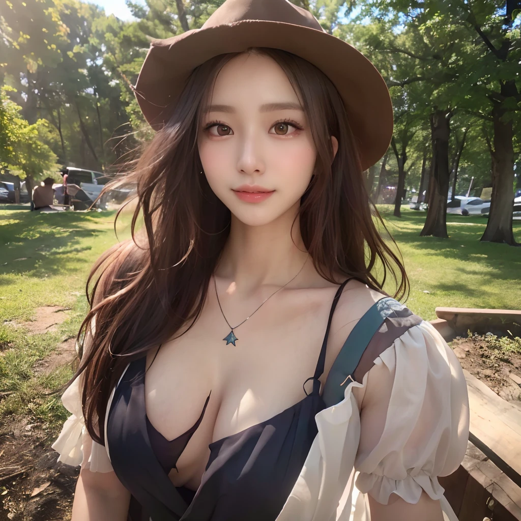 (64k, RAW photo, best quality, masterpiece:1.4), (realistic, photo-realistic:1.3), (20 years old), (1girl:1.5), (medium breasts), show cleavage, Luxurious dresses,  (Insanely intricate cute face and eyes), ((face shot:1.2)), especially strong light, (upper eyes), shiny skin, (dark brown hair, semi-long cut:1.2), (flash:1.2), ((seductive posture:1.2, attractive:1.2)), ((good anatomy: 1.2)), perfect face:1.2, portrait, cowboy shot, close up:1.3, (charming smile), makeup, lipgloss, blush cheeks, Detailed teeth, Detailed mouth, a necklace, piercings, Bracelet, break, (in the park)