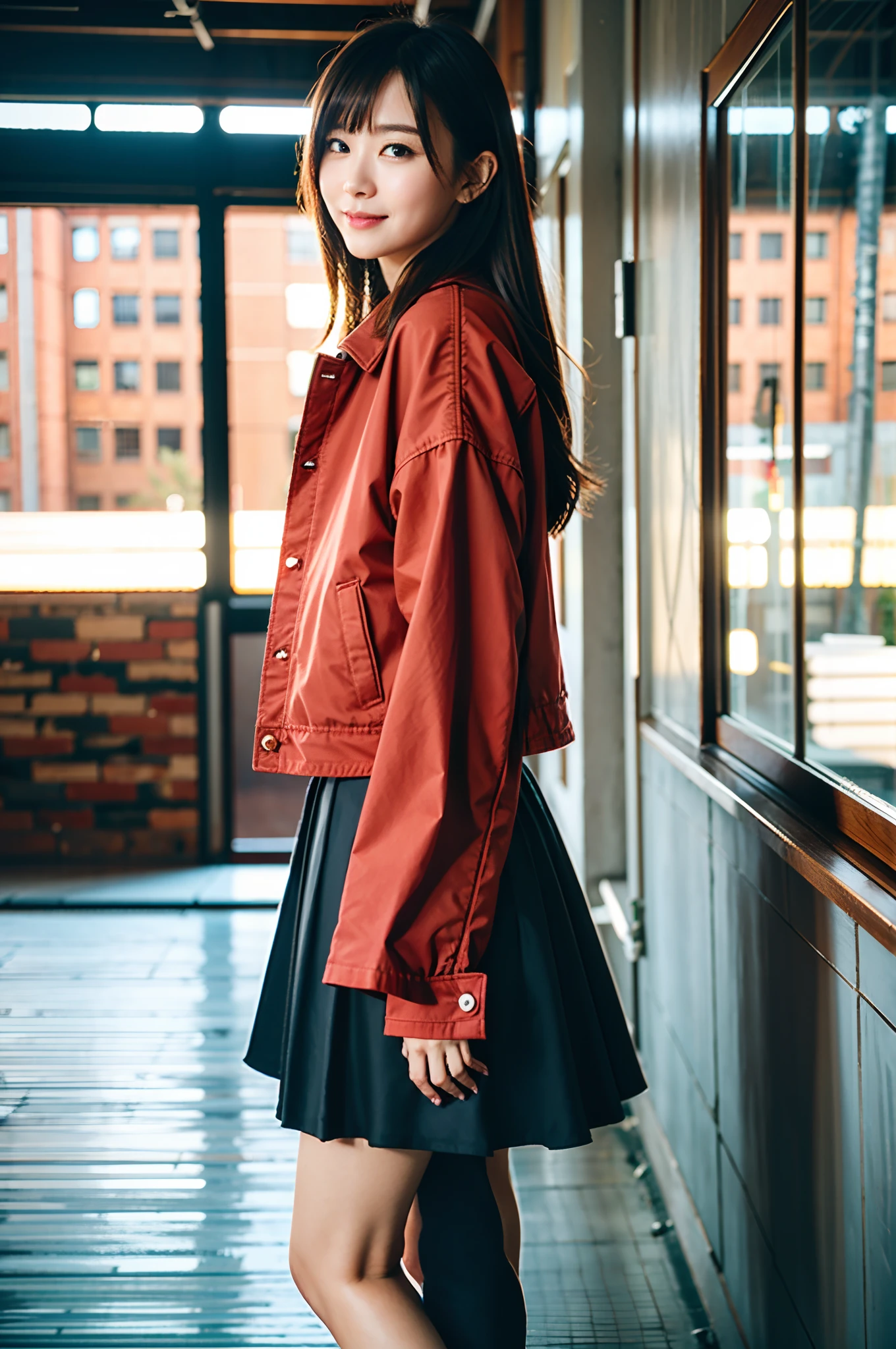 ​masterpiece, top-quality、Raw foto, Photorealsitic、1womanl、25-years old、Yokohama Red Brick Warehouse、Leaning against the wall、oversize jacket、sideshot、long  skirt、Autumn clothes in warm colors、Reflecting the whole body、A smile、People around you々The costume、Smaller chest、Small butt、Reflecting the whole body、unbelievable Ridiculous、depth of fields, hight resolution, ultra-detailliert, foco nítido, Cinematic lighting、Add highlights to the eyes