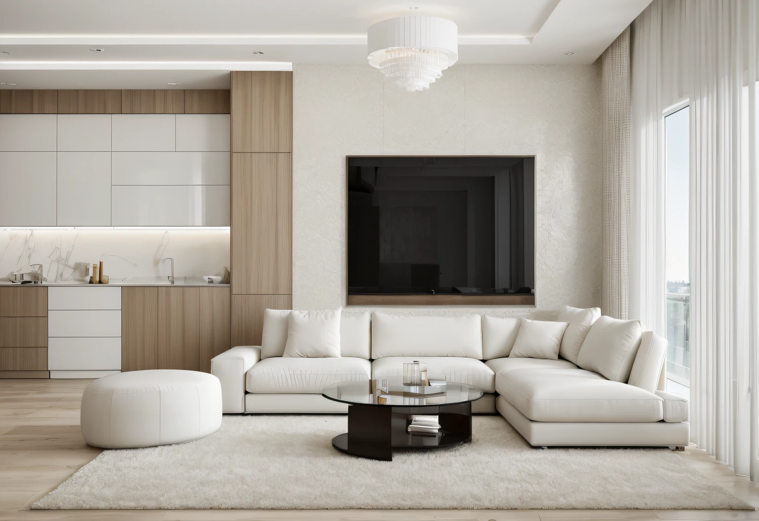 minimalist livingroom interior design, wood floor, rug, luxurious sofa, glass window, glass door, lamp, picture frame, wooden cabinet, white curtain, white ceiling, (masterpiece), realistic, high quality, softlight, natural contrast, scenery,(luxury), stucco wall