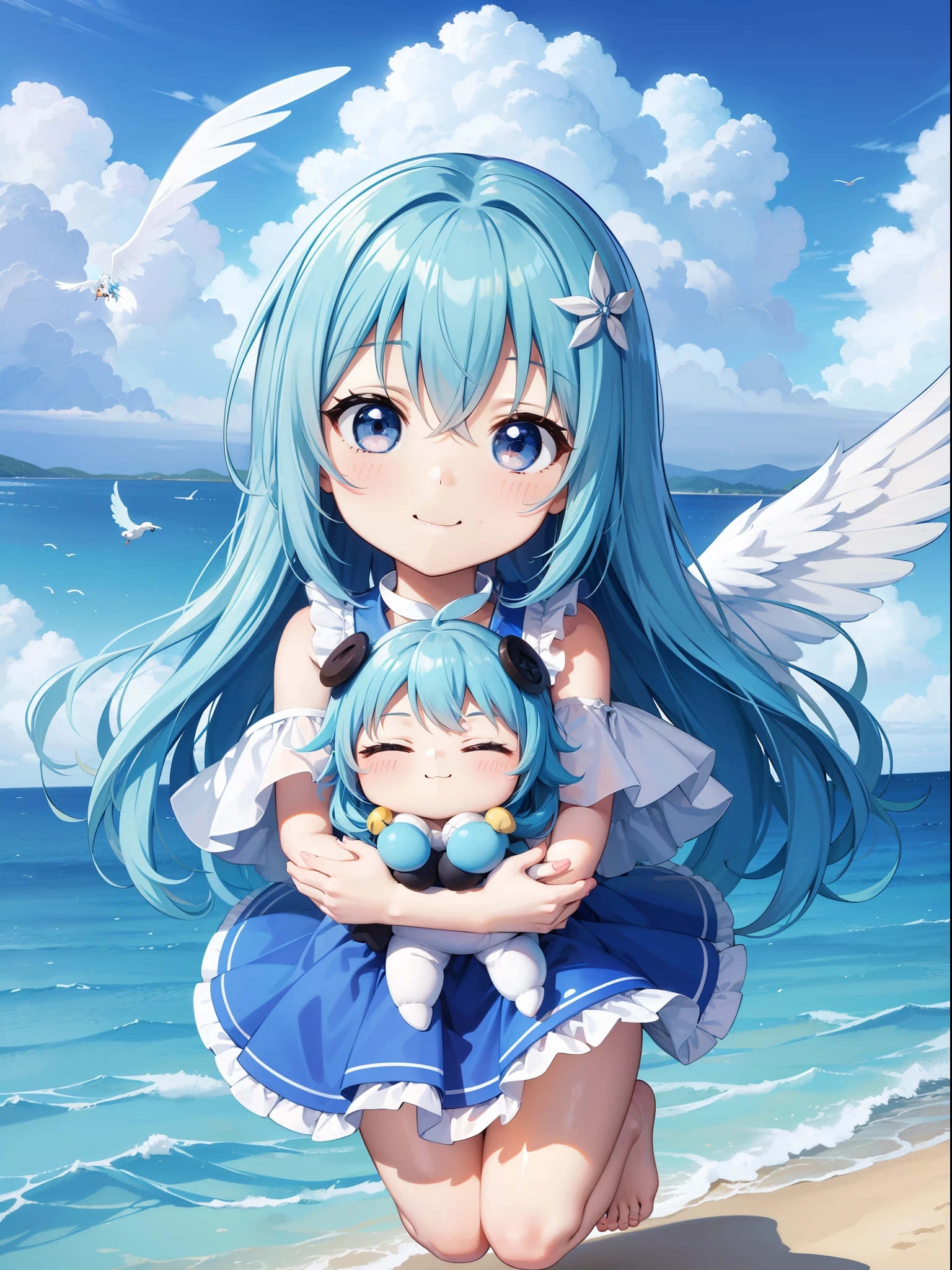 Two Chibi Characters　adorable smiling、With the Wings of an Angel、Visible flying over the sea。long hair with blue hair((Chibi Chara))、Girl in blue and white costume、Chibi Chara、full body Esbian、Pastel colors hair、masutepiece、top-quality、Large in the center