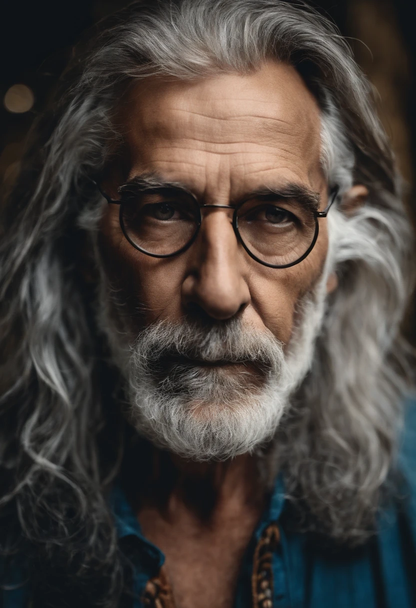 um homem velho de uns 60 anos com vestimentas grunge cabelos medios e grisalhos