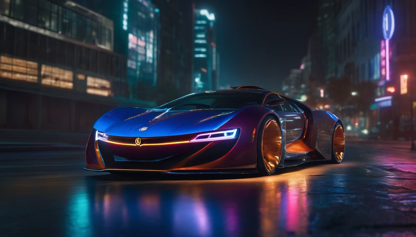 Ominous futuristic car, ((neon logo is letter V)) Wet reflective pavement, iridescent paint, highly detailed rims, glowing rims, View from the front, Futuristic city background, prime time, [Cyberpunk Night City:1.3], 8K DSLR, Sharp, tack sharp, Intricate details, Masterpiece, Golden ratio, Highest quality, hdr, Photorealistic, insane quality, Best quality, Extremely detailed, Highest detail, Highly detailed, Incredibly detailed, Detailed, Realistic, 8K UHD, High quality