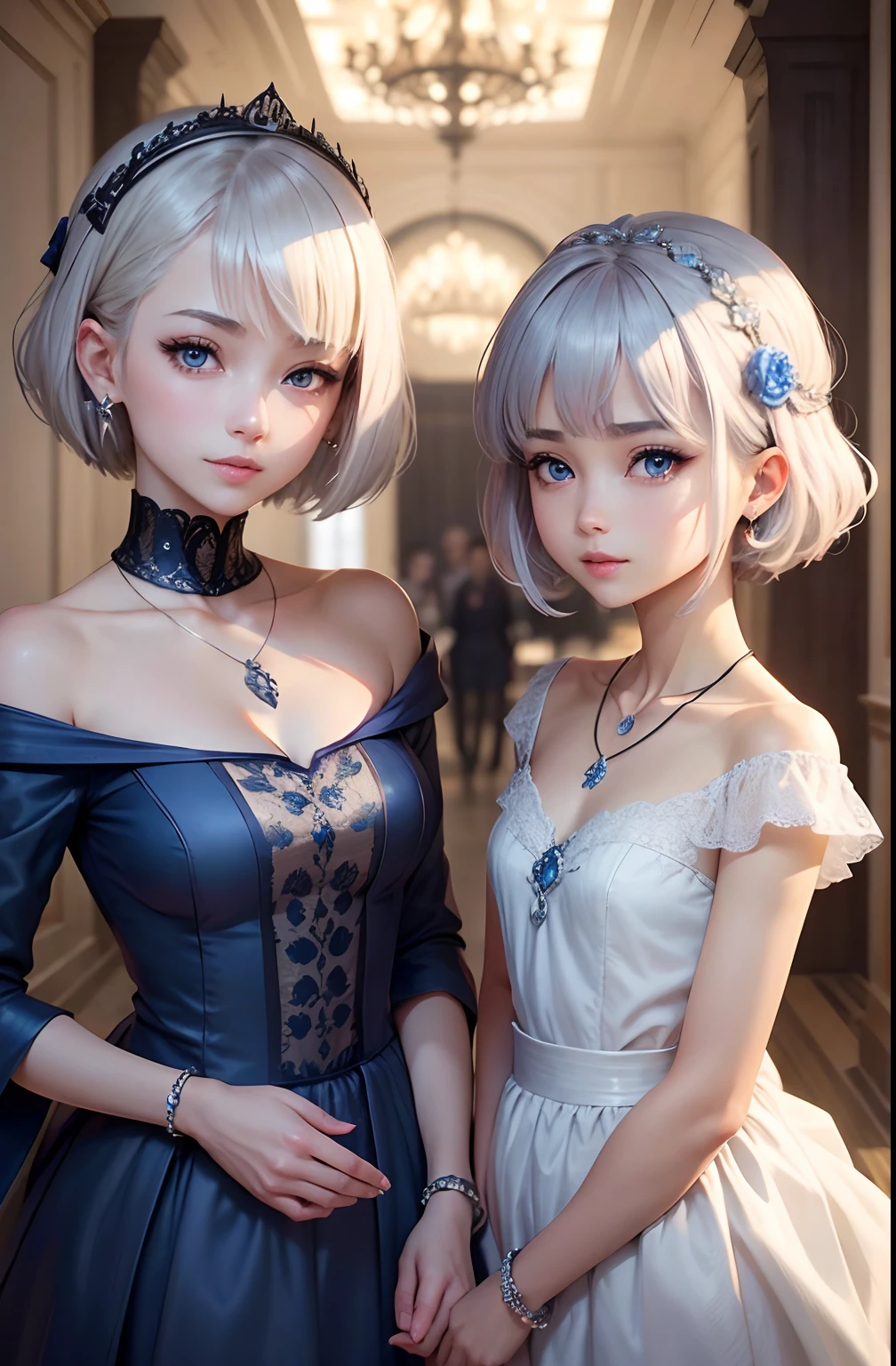 silber hair　short-hair　Anime style　年轻　innocence　A slight smil　tiarra　royalty　royal family　nobles　blue eyess　Luxurious dresses　a necklace　A bracelet　耳Nipple Ring