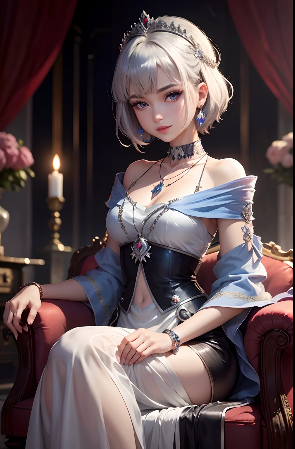 silber hair short-hair Anime style 年轻 A slight smil royalty royal family nobles blue eyess Luxurious dresses a necklace A bracelet 耳Nipple Ring diadems cute little top grade Beautiful fece red-lips