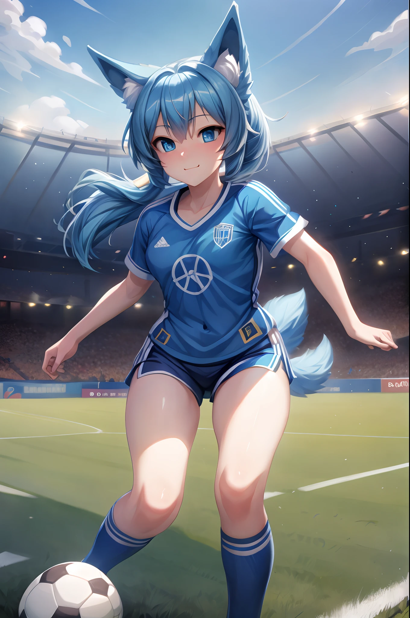 (Masterpiece) (High Detail) (High Res) A short humanoid girl with pale human skin and blue eyes and long blue hair and blue dog ears and a fluffy dog tail is wearing a blue soccer jersey, soccer shorts, and long soccer socks and is playing soccer in a large stadium with other soccer players running around the pitch in the distance.