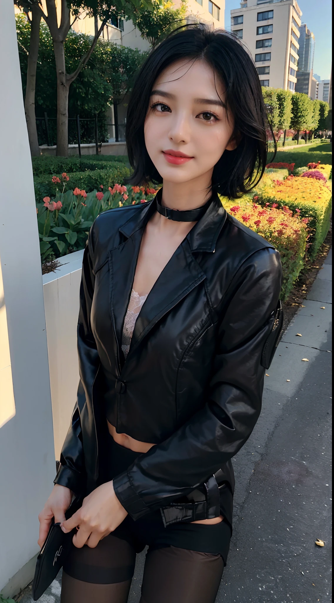 Bewitching eyes, well-balanced eyes, //street snap //wearing youjiyamamoto black setup leather suit, shirts, skirt//breast focus, ((facing viewer)), //in front of the construction site, //japanese lady, pale skin, //droopy eyes,//short gray hair, bedhead, //((standing)), high quality:1.3, Professional lighting:2.0 realistic:1.2, 4k resolution, detailed skin, masterpiece:1.1