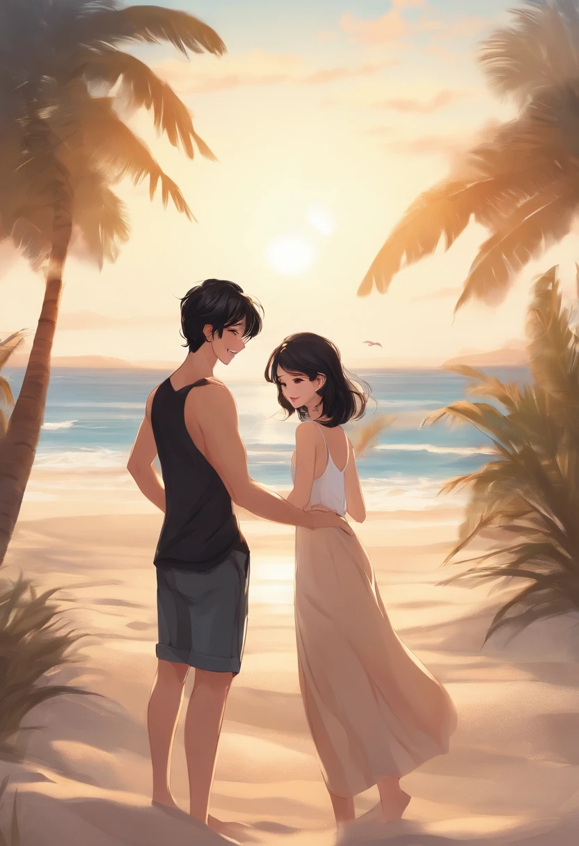 her bf and she are kissing on the beach, she has short black hair a little long wavy, tan skin, beautiful face, girl. her bf has handsome face, look hot, white skin anime version, black hair