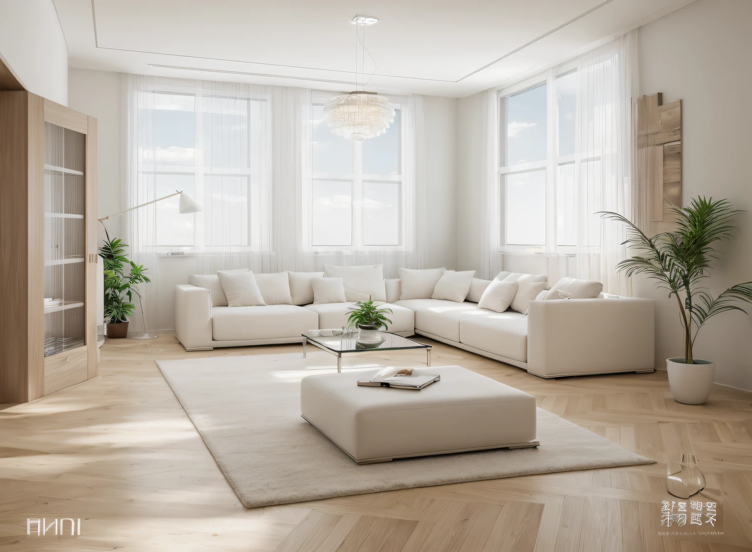 minimalist livingroom interior design, wood floor, rug, luxurious sofa, glass window, glass door, lamp, picture frame, wooden cabinet, white curtain, white ceiling, (masterpiece), realistic, high quality, softlight, natural contrast, scenery,(luxury), potted plant