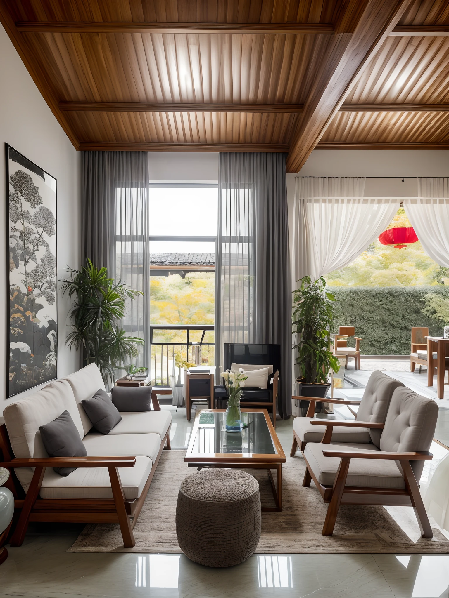 morden livingroom, best quality, hyper detail, 1 sofa made by walnut, 1 glass door, 1 white curtain, 1 chair made by steel, 1 vintage chinese painting poster on the wall, 1 grey flat celling, big white glossy floor:1.3, cinematic lighting