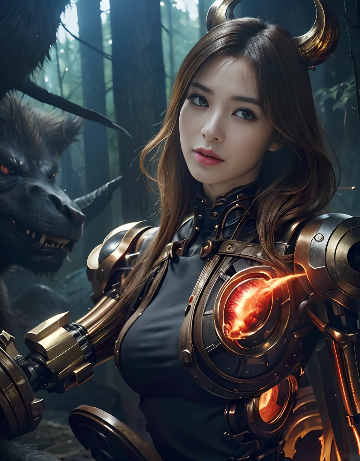 (1 Mechanical Girl)、top-quality、masterpiece、超A high resolution、(Photorealsitic:1.4)、Raw photo、女の子1人、Fight mutants、glowy skin、(((1 Mechanical Girl)))、With a beautiful knife、(Yellow Metal Bodysuit)、(Kobold、ogre、Fierce battle with orcs),(Fight fiercely against aliens)、Precipitous cliffs、(beautiful forest background)、(Fighting Demonic Beasts)、(Small LED)、((super realistic details))、portlate、highly intricate detail、Realistic light、(Mystical expression),CGSoation Trends、(Strong giant demon beast background),globalillumination、Shadow、octan render、8K、ultrasharp、Colossal tits、Raw skin is exposed in cleavage、metals、Details of complex ornaments、Japan details、highly intricate detail、Realistic light、(Mystical expression),CGSoation Trends、Red Eyes、radiant eyes、Facing the camera、neon details、(Mechanical limbs)、(blood vessels connected to tubes)、Mechanical vertebrae attached to the back、mechanical cervical attaching to neck、(Wires and cables connecting to the head)、Gundam、Small LED、,Mechanical thighs、Toostock、(Hands are also made of machines)、(Attack of the Monster Beasts)、