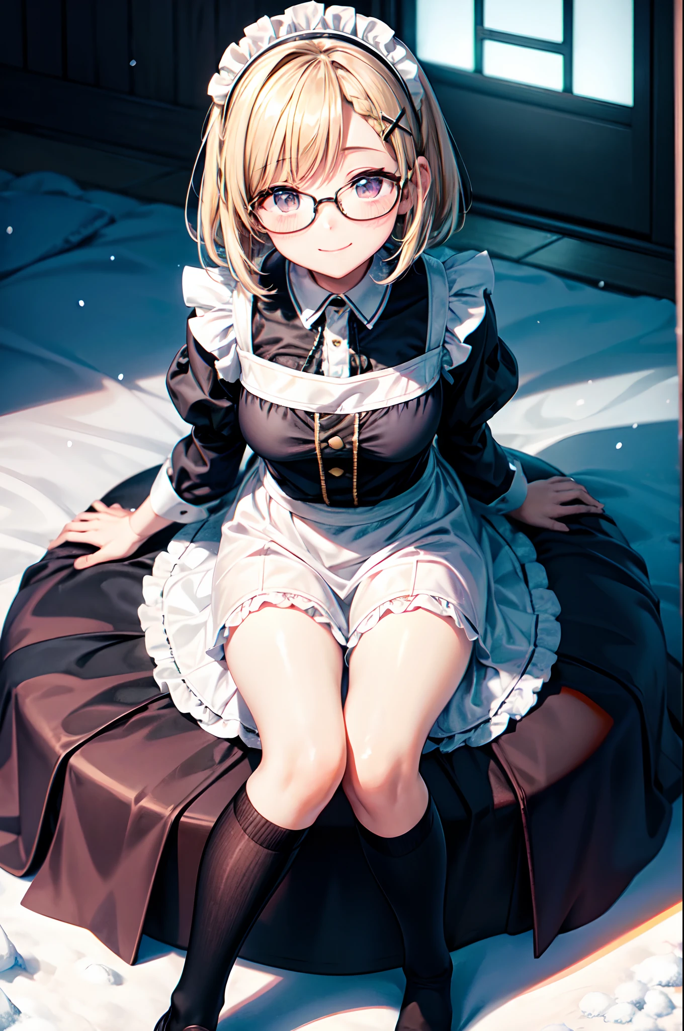 Slim woman wearing glasses、Show your underwear、Sheer lace underwear、Long maid outfit、Mami Tomoe、smile、Bedroom、Are standing