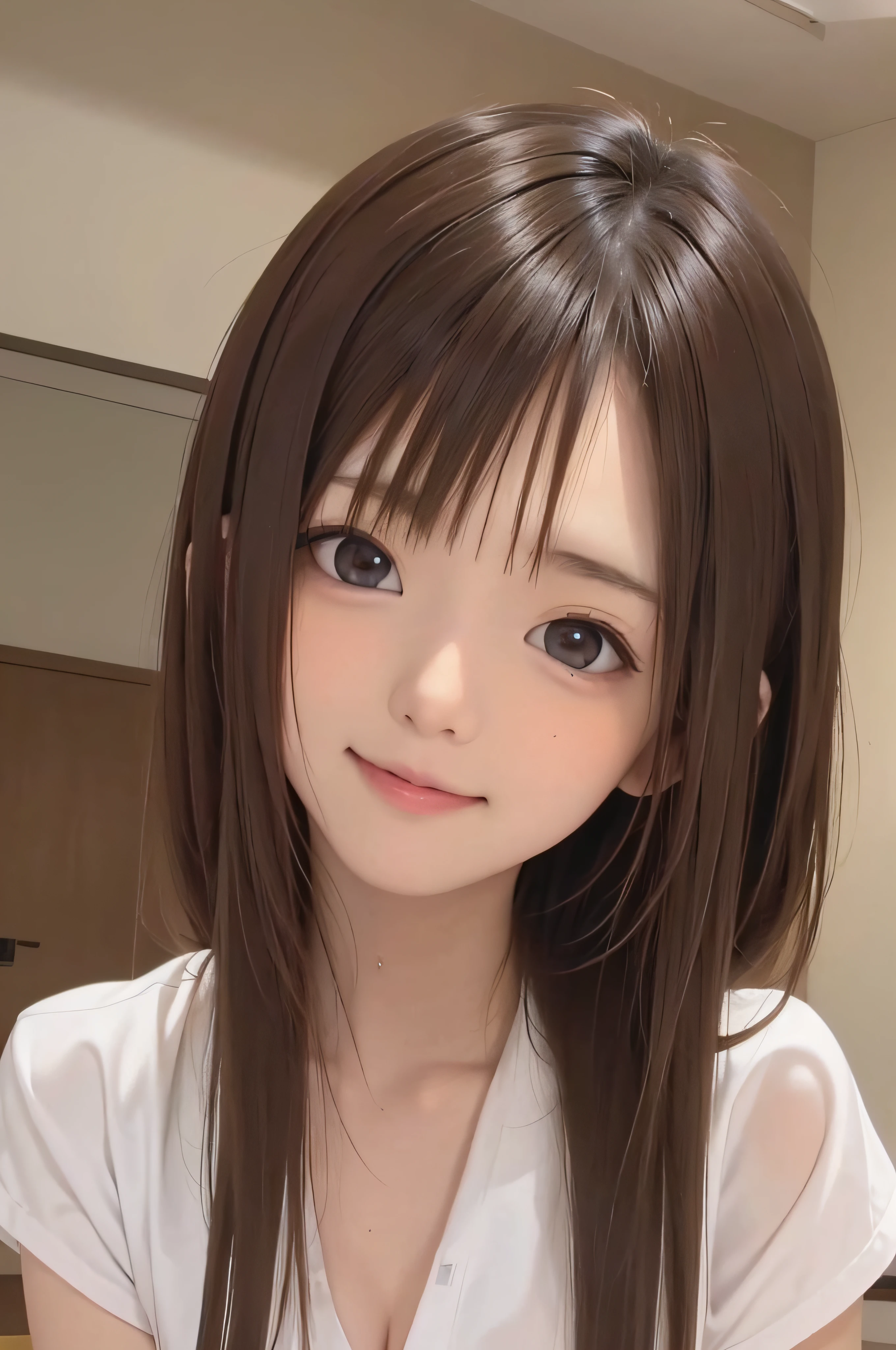 14years、brown haired、Realistic eyes、real looking skin、hi-school girl、small tits、(8K、​masterpiece)、(reallistic、Photorealsitic)、top-quality、ighly detailed、The ultra-detailliert、Beautie、cute little、japanes、idol、a smile、Close-up portrait、Healthy face