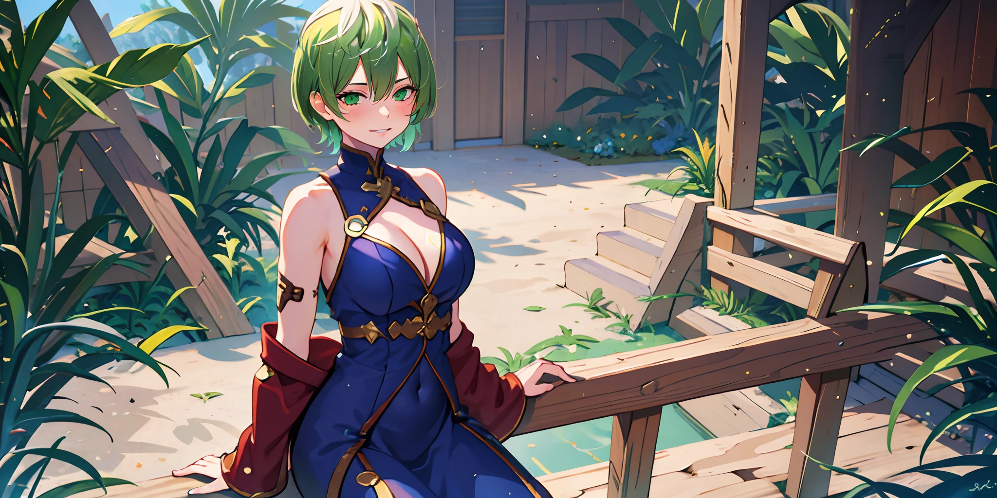 tenka izumo, (short hair, green hair:1.6), green eyes, multicolored hair, sweating, glowing eyes, heavy breathing, epic art, fantasy art, breasts, 1girl, sitting, solo, cleavage, bare_shoulders, large_breasts, dress, looking_at_viewer, sleeveless, outdoors, plant, cleavage_cutout, sleeveless_dress, purple_dress, blue_dress, potted_plant, covered_navel, day, glow effects, godrays, Hand drawn, render, 8k, octane render, cinema 4d, blender, dark, atmospheric 4k ultra detailed, cinematic, Sharp focus, big depth of field, Masterpiece, colors, 3d octane render, 4k, concept art, trending on artstation, hyperrealistic, Vivid colors, extremely detailed CG unity 8k wallpaper, trending on CGSociety, Intricate, High Detail, dramatic,