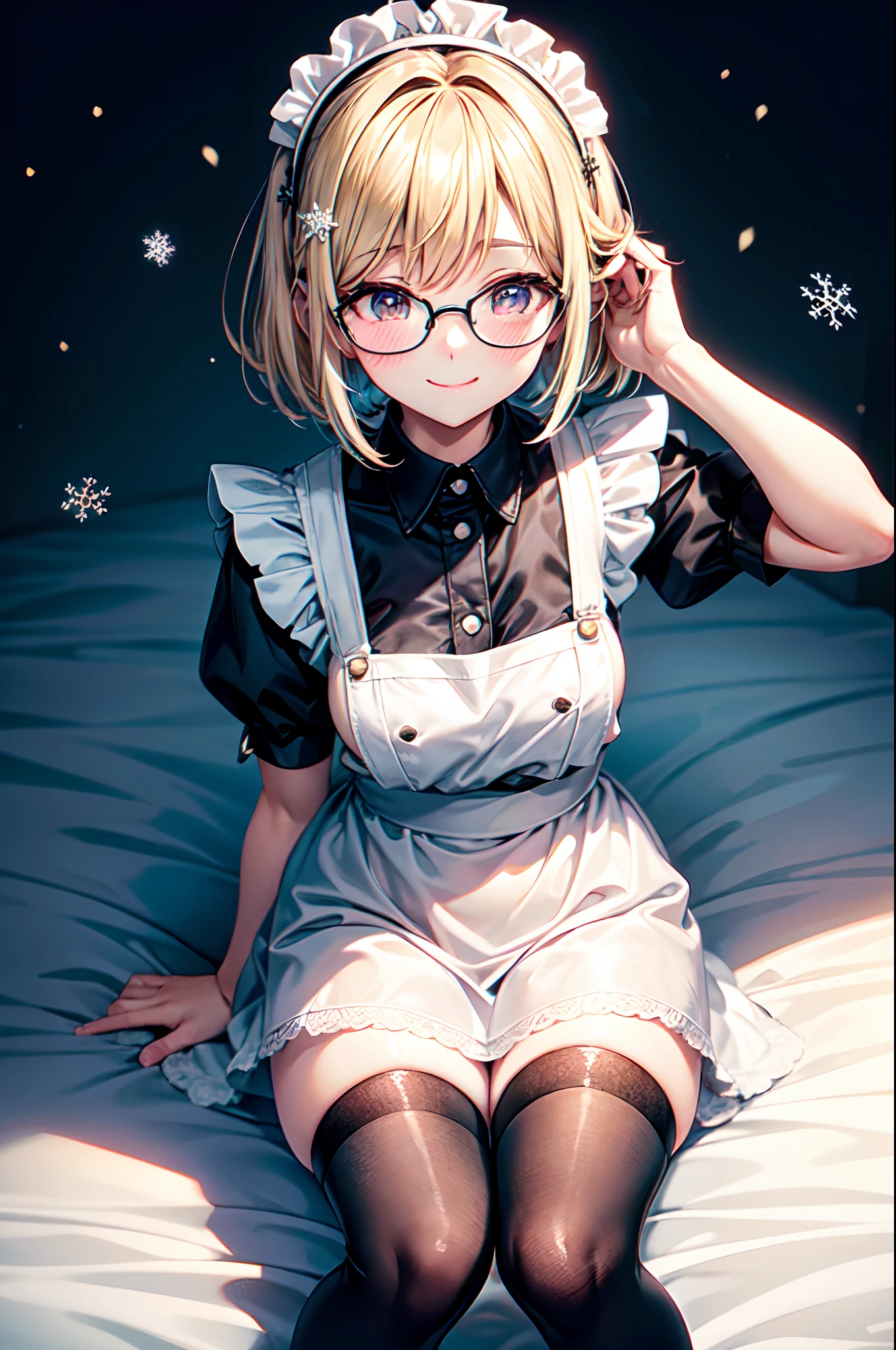 Best Quality、Very cute、put on glasses、Physical education sitting、Black knee-high socks up to the thighs、Kamimei、A smile、short-hair、Delicate sparkling eyes、Golden hair、maid clothes 、Black knee-high socks、s girl、Stretch your legs、tilt the neck、I want to blush、Staring at this、outside of house、snowflakes falling、X-shaped hair ornament on the head、Draw up to the knee、Snow outside