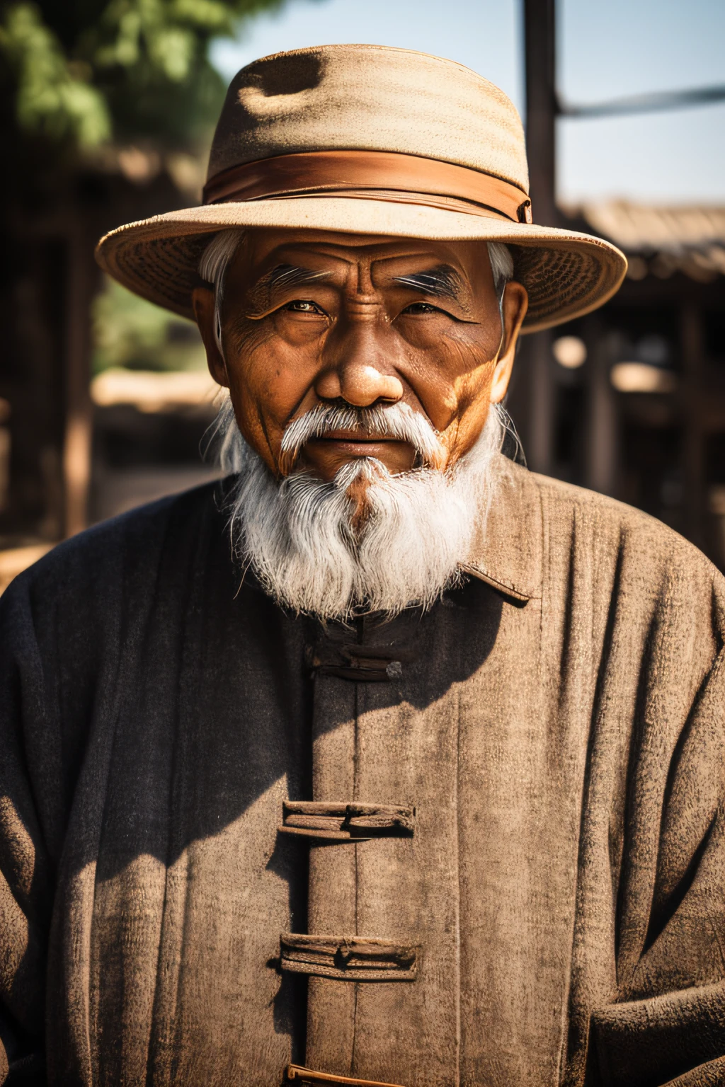 An old man with traditional Chinese thinking，Real frontal photos，Authentic background，The background is nature，Holding a book，worn-out clothing，Face full of wrinkles，80-year-old man，Wise eyes，The beard is white，male people，country style