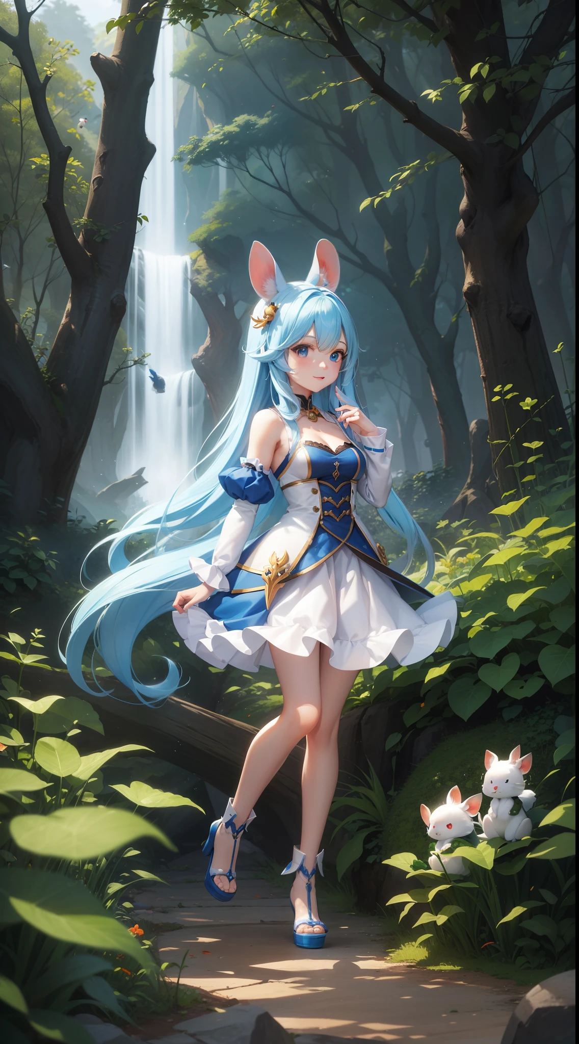 in woods　There are small white rabbits with carrots and long ears,  White long ears、I'm with a girl with long blue hair and a chibi character。It is a cute costume in white, blue and red.。White panty　Dark eyes。cute forest creature, Cute mushrooms also grow、Adorable Digital Painting, cute detailed digital art, the squirrel king, Cute digital art, cute cartoon characters, cute character, CuteCreatures, Cutie, official illustrations, Official art, squirrel, maplestory mouse, astri lohne,  cute 3d render