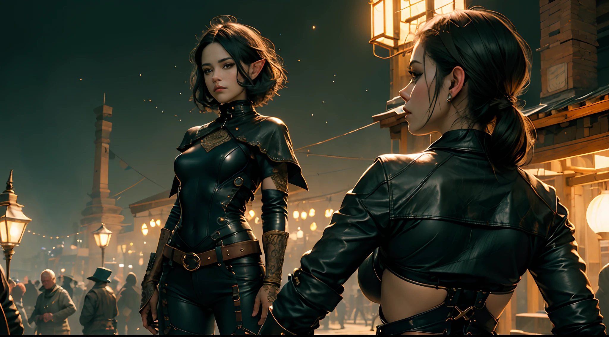 (masterpiece:1.2) (illustration:1.1) (best quality:1.2) (detailed) (intricate) (8k) (HDR) (wallpaper) (cinematic lighting) (sharp focus), (1girl), beautiful woman, skinny, elf, fair skin, short black hair, black leather, tight leather clothes, leather staps, serious face