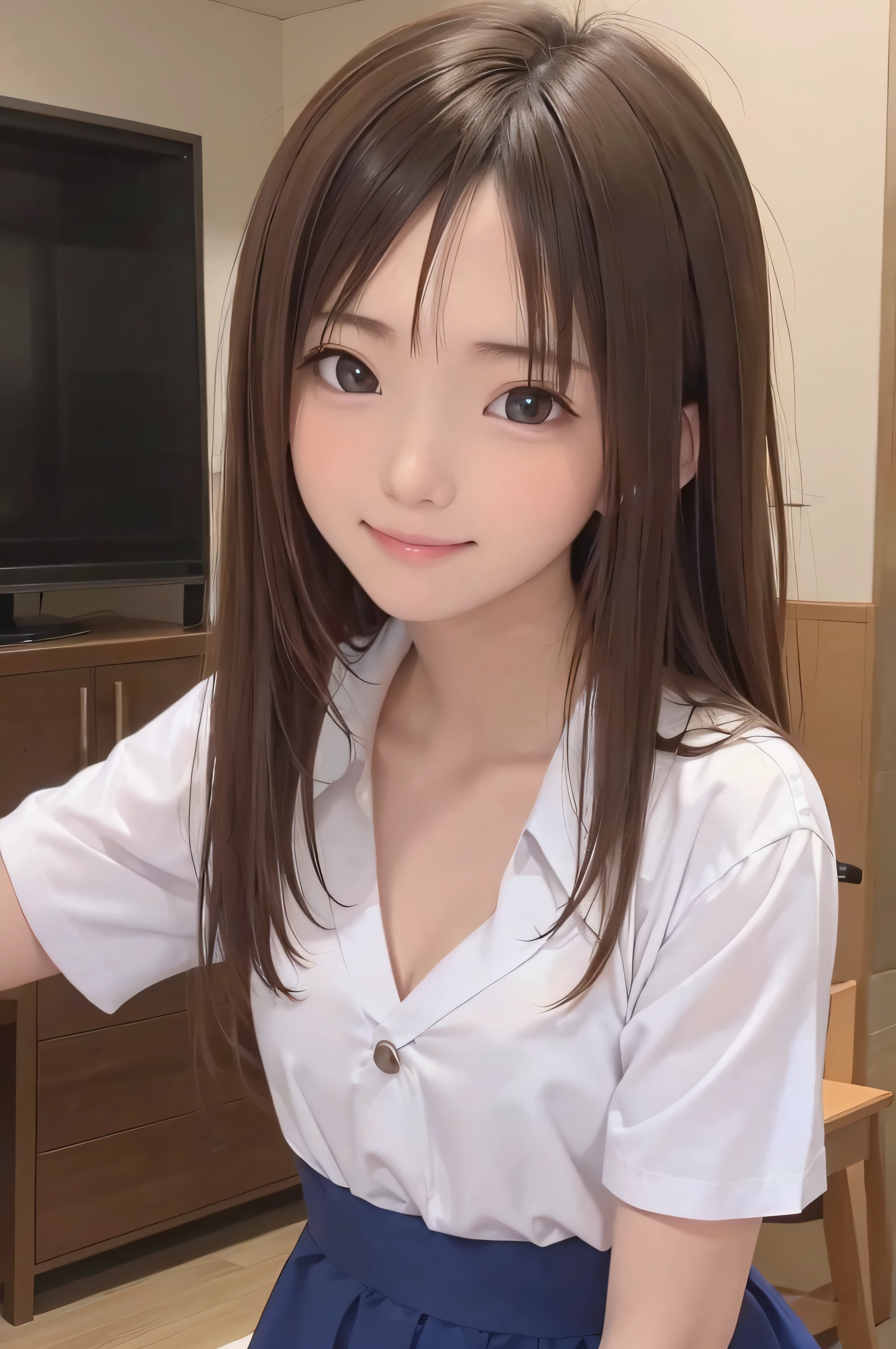 Background white、White background、The background is all white、4years old、brown haired、beautidful eyes、real looking skin、hi-school girl、a sailor suit、small tits、(8K、​masterpiece)、(reallistic、Photorealsitic)、top-quality、ighly detailed、The ultra-detailliert、Beautie、cute little、japanes、Idol、a smile、ssmile、Close-up portrait、Healthy face