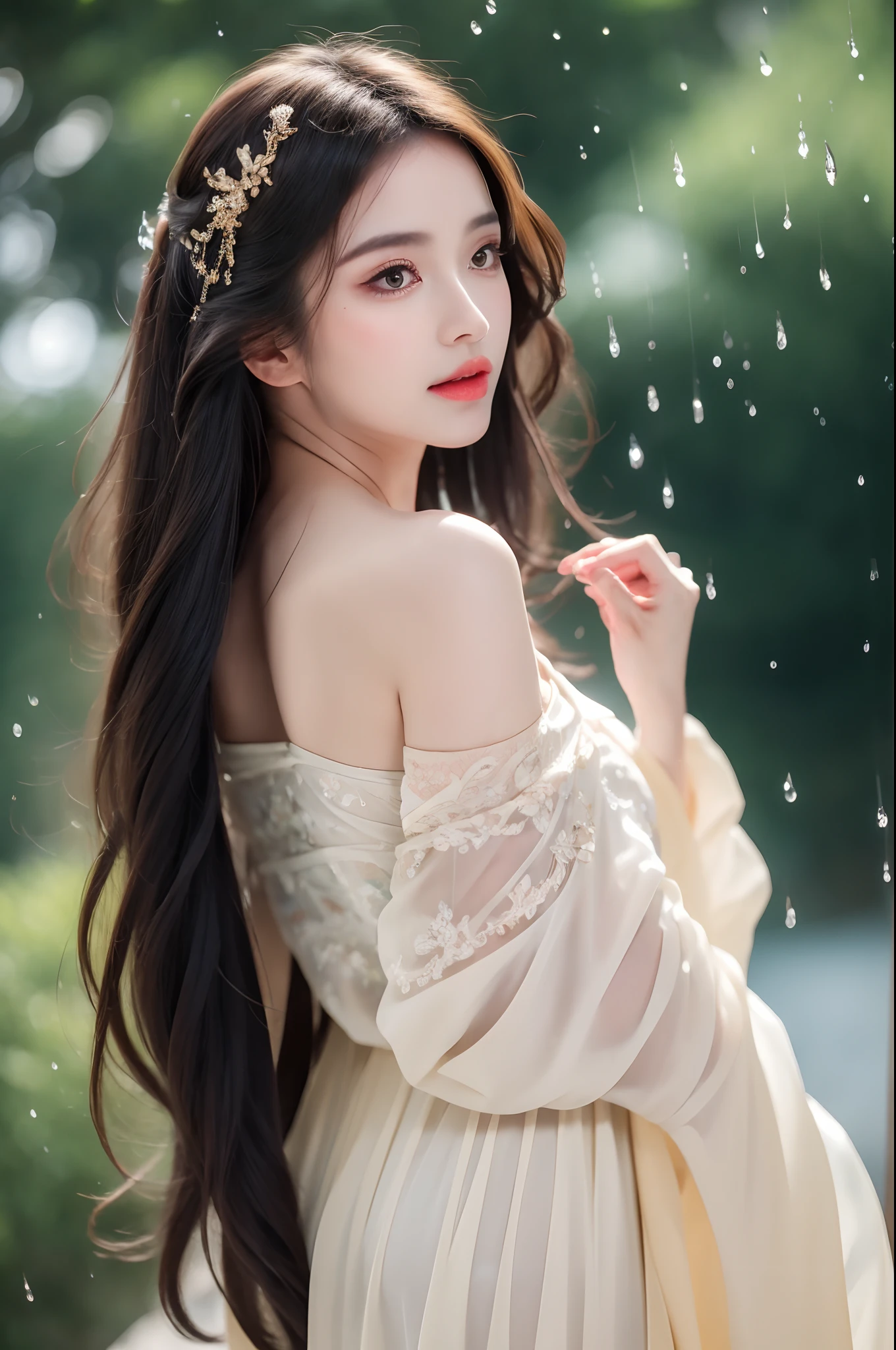 ((Best Quality, 8k, Masterpiece: 1.3)), Focus: 1.2, Perfect Body Beauty: 1.4, Buttocks: 1.2, ((Layered Haircut)), (Wet Clothes: 1.1), (Rain, Street:1.3), (sideboob: 1.2), (Hanfu: 1.2), Bare Shoulders, Bare Legs, Highly Detailed Face and Skin Texture, Fine Eyes, Double Eyelids, Whitened Skin, Long Hair, (Shut Up: 1.5), (Bokeh Background: 1.5), Big Breasts