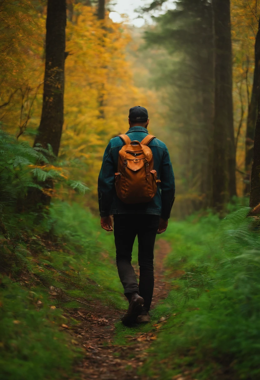 um homem velho com vestimentas grunge caminhando na floresta