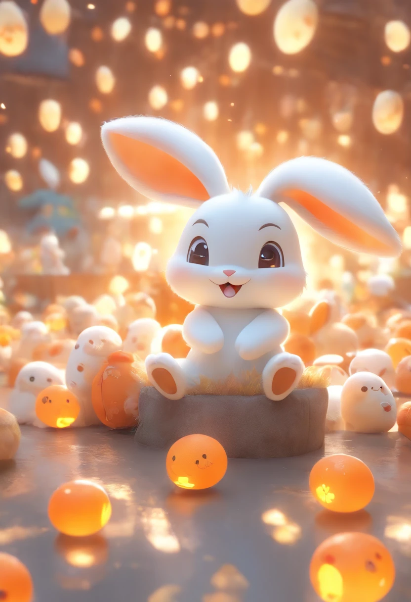 A very cute rabbit, Mid-Autumn Festival atmosphere, Silk, (Smooth texture), (Don't feel left to chance), orange and grey body, sat on the ground, cheerful. 3D, C4D, blender, Octane rendering, Simple background, (White background :1.5), A masterpiece of pastel colors, Soft material, Best quality, Super detail, High quality, 4K