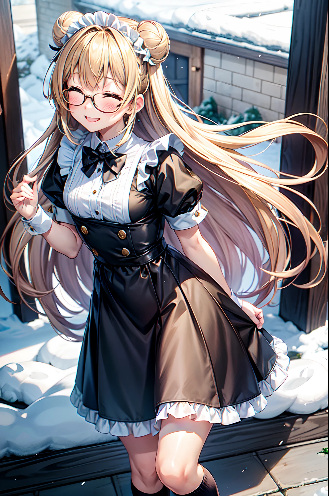 Best Quality、Very cute、put on glasses、Black knee-high socks up to the thighs、Kamimei、Smile with eyes closed、Bun hair、Standing picture、、Golden hair、maid clothes 、Black knee-high socks、s girl、Spread your hands、tilt the neck、I want to blush、Staring at this、outside of house、snowflakes falling、X-shaped hair ornament on the head、Draw up to the knee、Snow outside