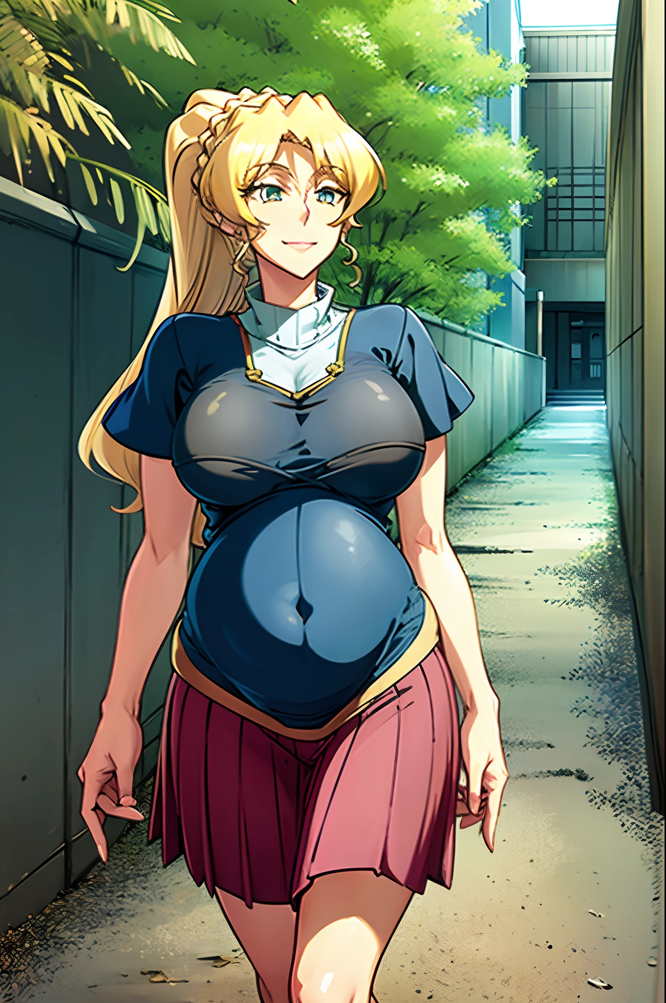 masterpiece, best quality, 1girl, alicetaria,blonde hair, long hair, ponytail, blue eyes, blue shirt, pleated skirt, solo, simple background, bikini, beach, , alicetaria and son, motherly, walking, family, mother and child,boy, smile ,Pregnant, tall woman