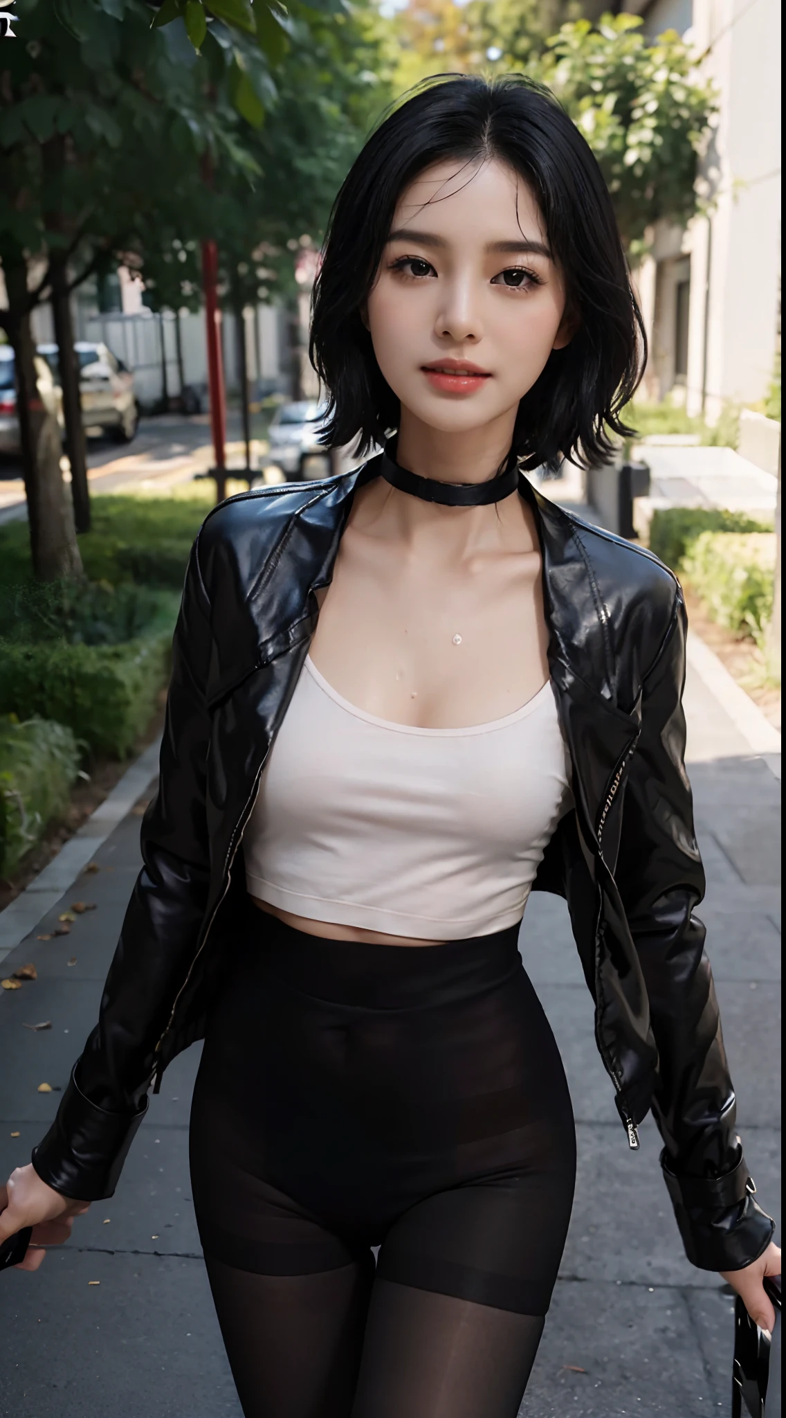 (Small underboob,small heads)), (perfect bodies: 1.1), (shoulder length straight short hair:1.0),(black hair:1.5),attractive collarbone，（极其细致的CG 8k壁纸），（Extremely refined and beautiful），（masterpiece），（best qualtiy：1.0），（超高分辨率：1.0）,[A high resolution]，cheerfulness，smile,(Smooth and flawless fair skin:1.5),(shiny skin:1.5),(Exquisite Makeup:1.3),ultra - detailed ，Elongated legs,(Small breasts:1.1),Flat chest,underboob,Slim,emaciated,(black dog collar:1.5),(black jacket:1.5),(black fullbodypantyhose:1.4),Cleavage,autumn, in residential areas,high-rise residential buildings,in garden,on path,(running:1.5),(Hair flying:1.3),(open mouth:1.2) ,(female orgasmic:1.3), (blush:1.3),(sweat:1.6),upper body,(close shot:1.3),(cowboy shot:1.3),(Passport photo:1.5),morning,(day scene:1.5),bright sunshine,