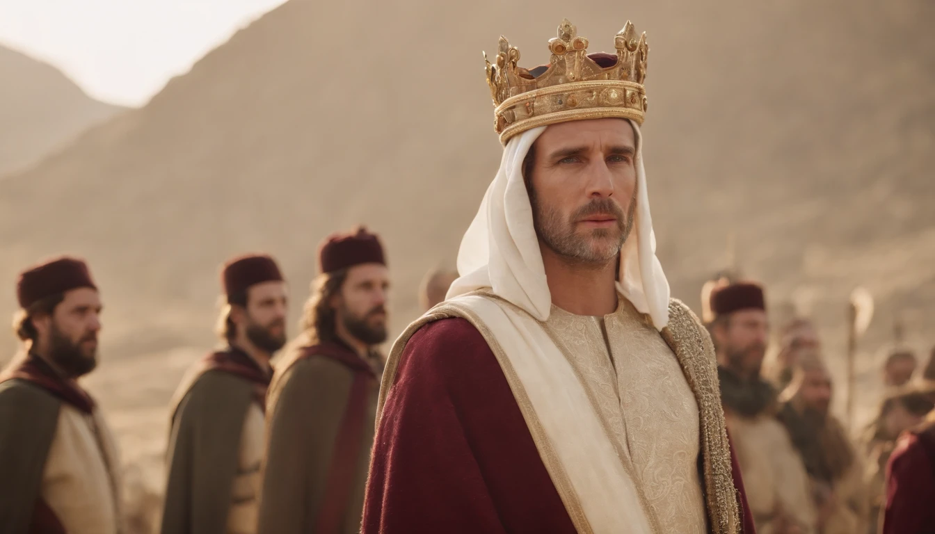 "At long last, David stands in a resplendent ceremony as he is crowned King of Israel. The grandeur of the moment is matched only by the weight of responsibility on his shoulders. His eyes, filled with a blend of humility and strength, survey his kingdom, and the nation's destiny lies in his hands."