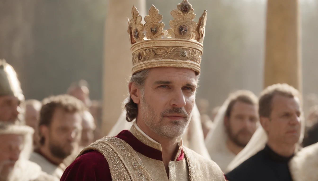 "At long last, David stands in a resplendent ceremony as he is crowned King of Israel. The grandeur of the moment is matched only by the weight of responsibility on his shoulders. His eyes, filled with a blend of humility and strength, survey his kingdom, and the nation's destiny lies in his hands."
