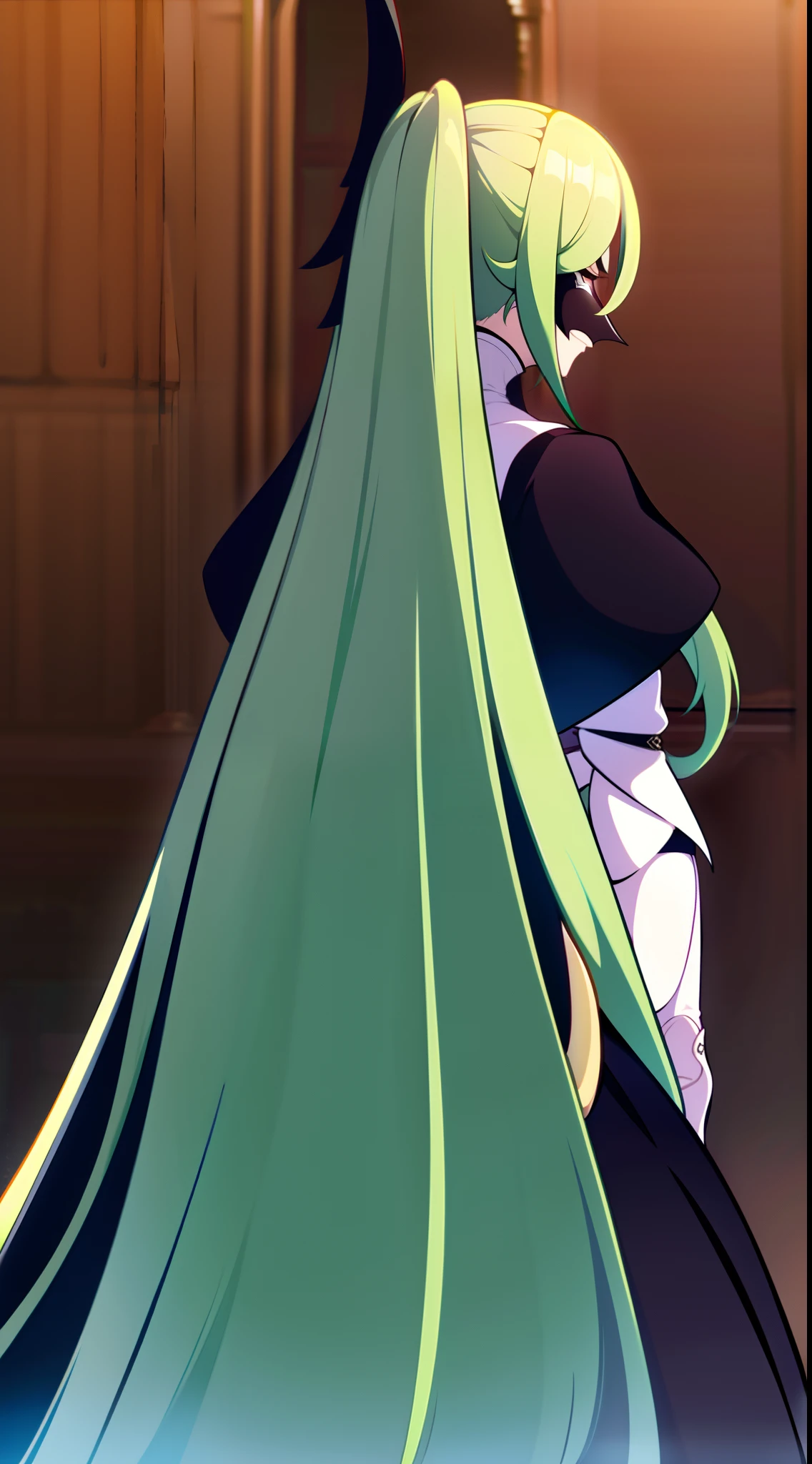 Adult woman, long green hair, high ponytail, white eyes, Black Dense Shape, mask, angry, seen from behind, Smile, Masterpiece, hiquality, 4k, HD, Good detail